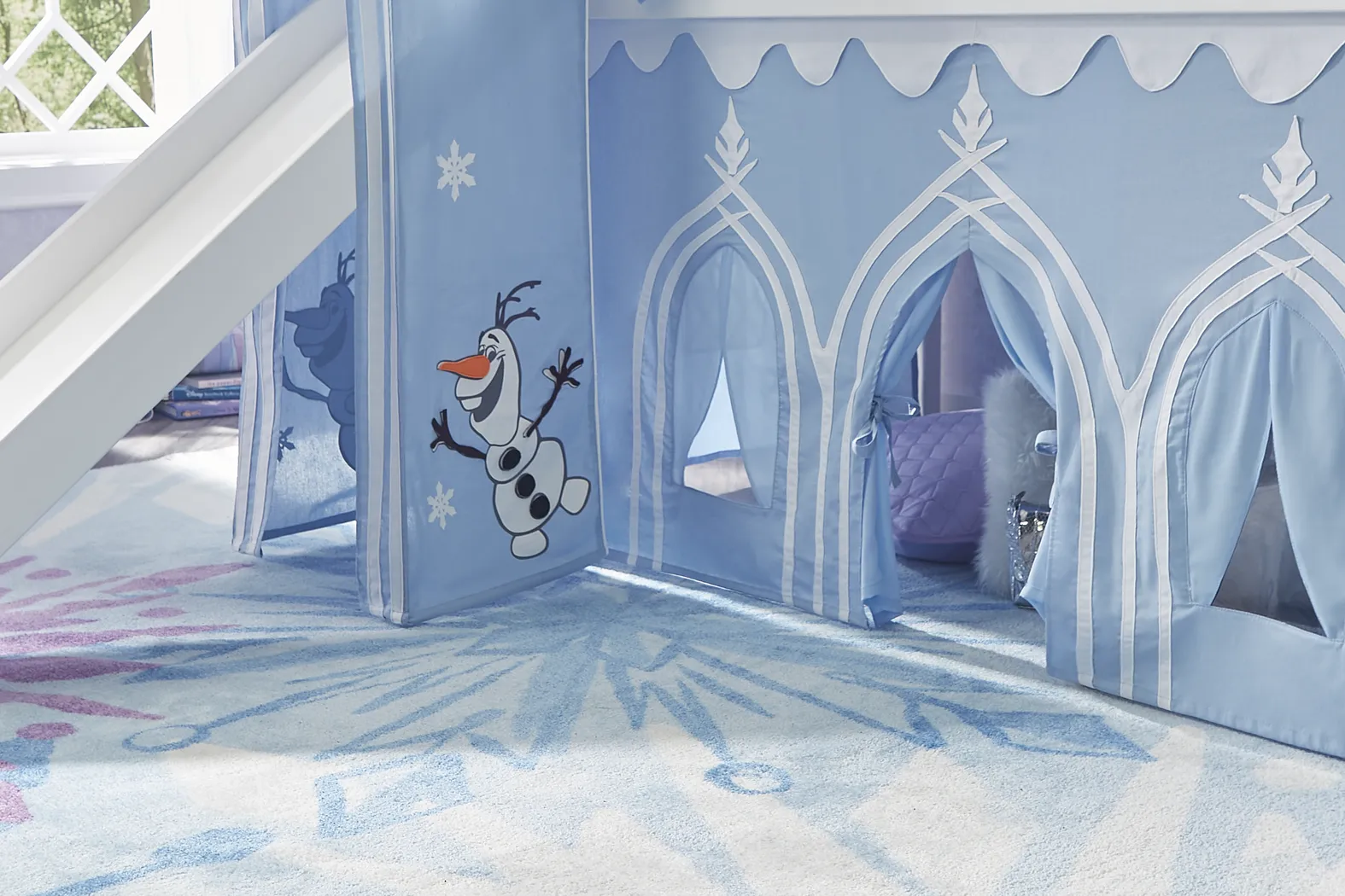 Disney Frozen White Twin Loft Bed with Activity Panel, Tower, Tent and Slide - Image 8