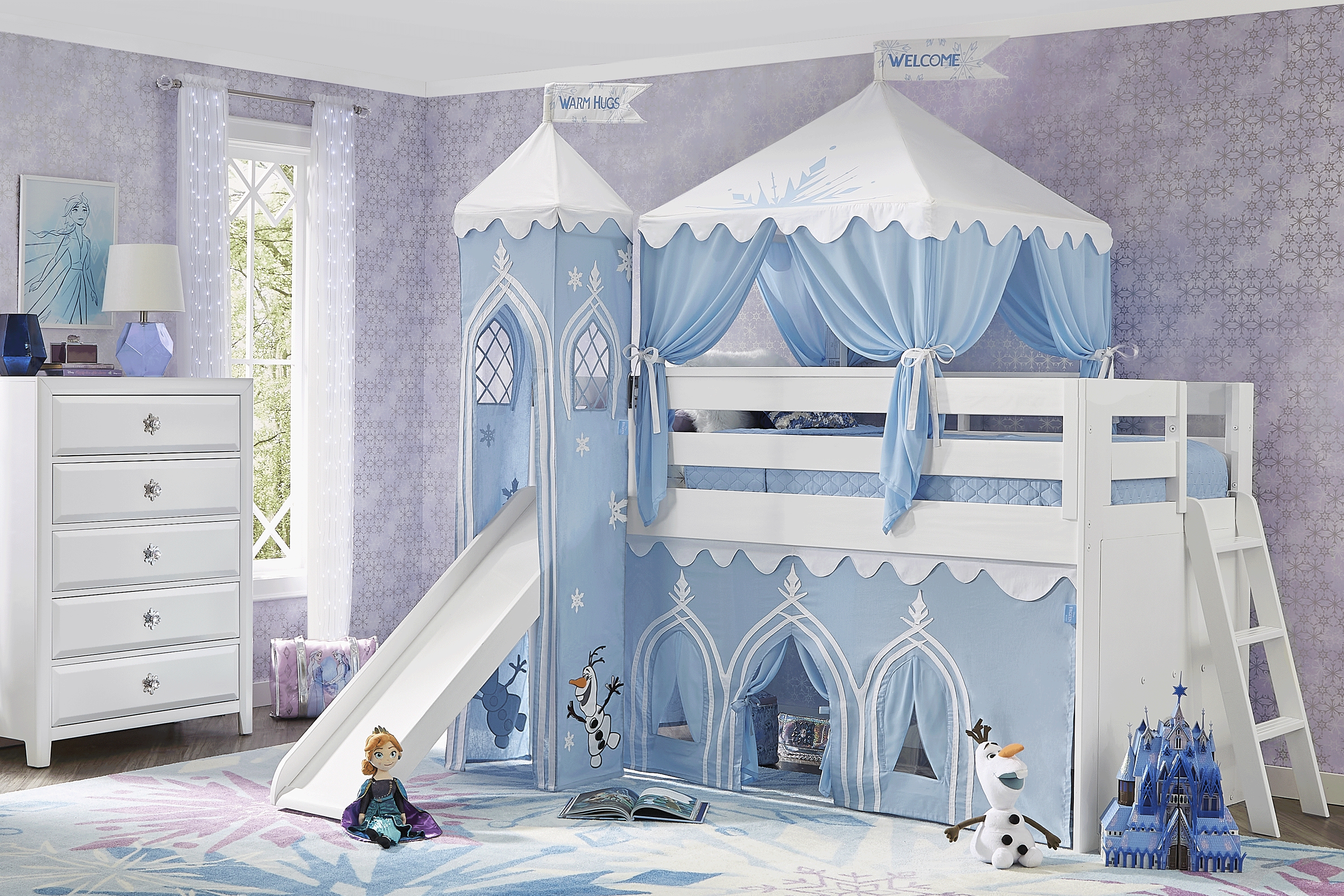 Disney Frozen White Twin Loft Bed with Activity Panel, Tower, Tent and Slide - Thumbnail - Image 2