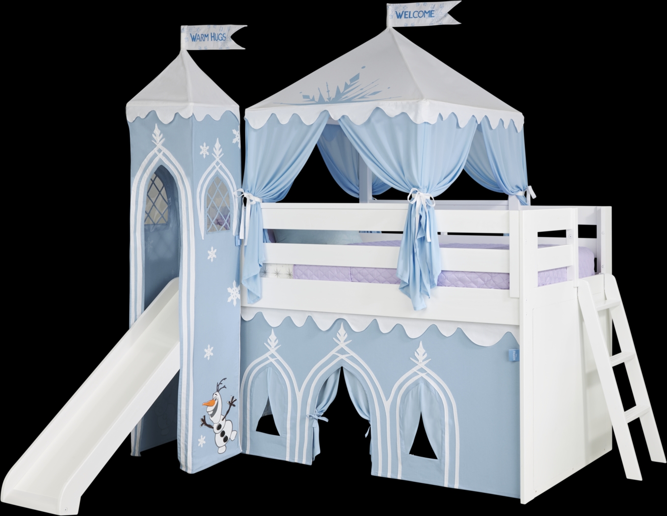 Disney Frozen White Twin Loft Bed with Activity Panel, Tower, Tent and Slide - Thumbnail - Image 1
