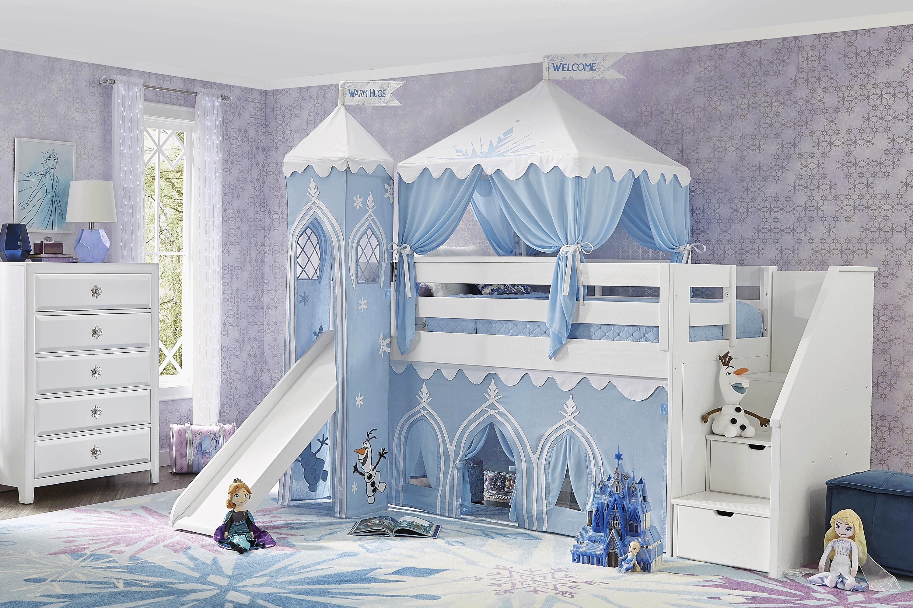 Disney Frozen White Twin Step Loft Bed with Activity Panel, Tower, Tent and Slide - Thumbnail - Image 2