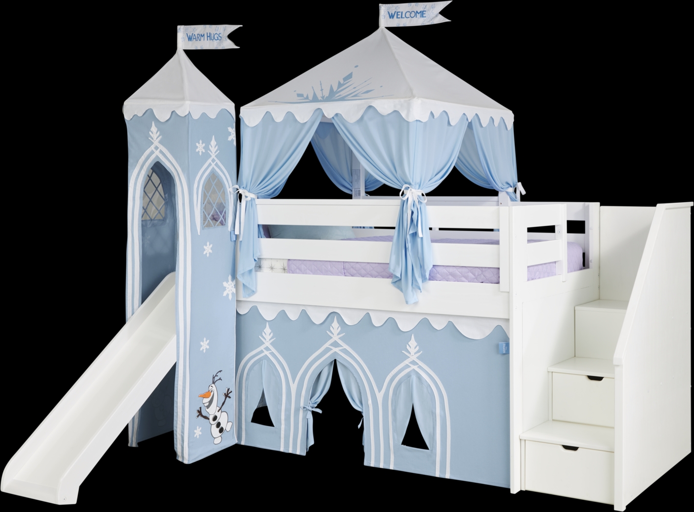 Disney Frozen White Twin Step Loft Bed with Activity Panel, Tower, Tent and Slide - Thumbnail - Image 1