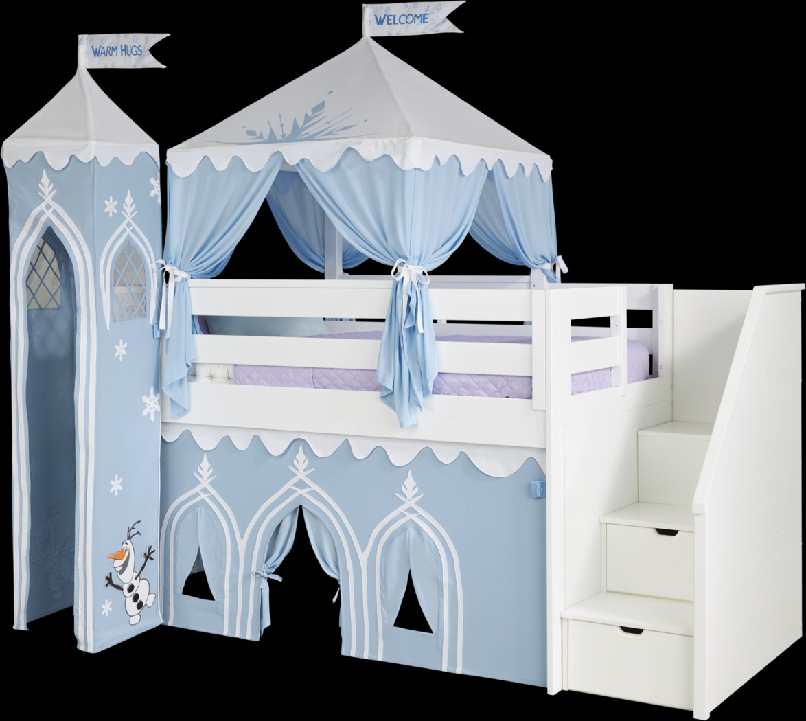 Disney Frozen White Twin Step Loft Bed with Activity Panel, Tower and Tent - Thumbnail - Image 1