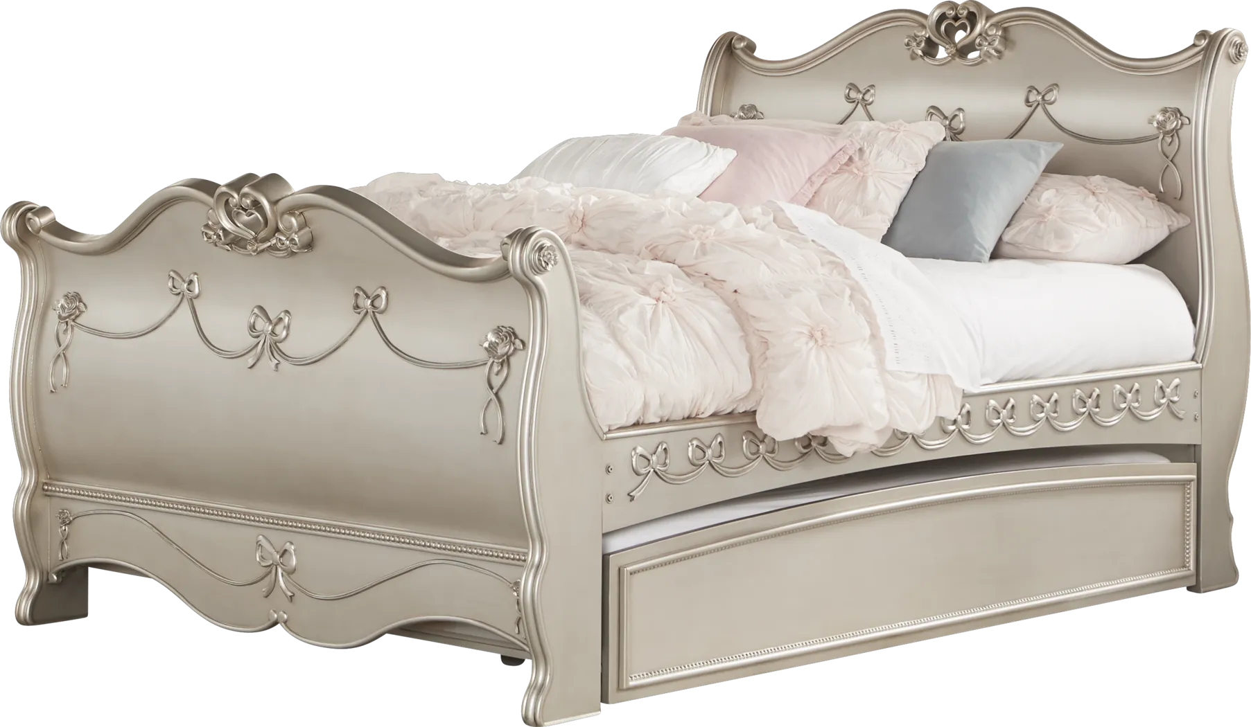 Disney Princess Fairytale Silver 4 Pc Full Sleigh Bed with Twin Storage Trundle - Thumbnail - Image 1