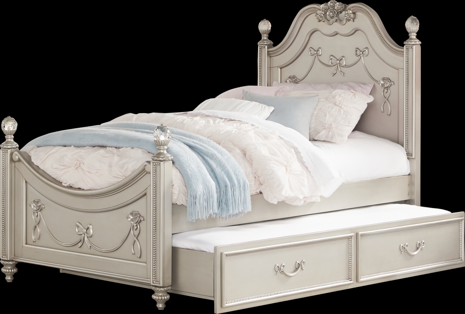 Disney Princess Fairytale Silver 4 Pc Twin Poster Bed with Twin Storage Trundle - Thumbnail - Image 2