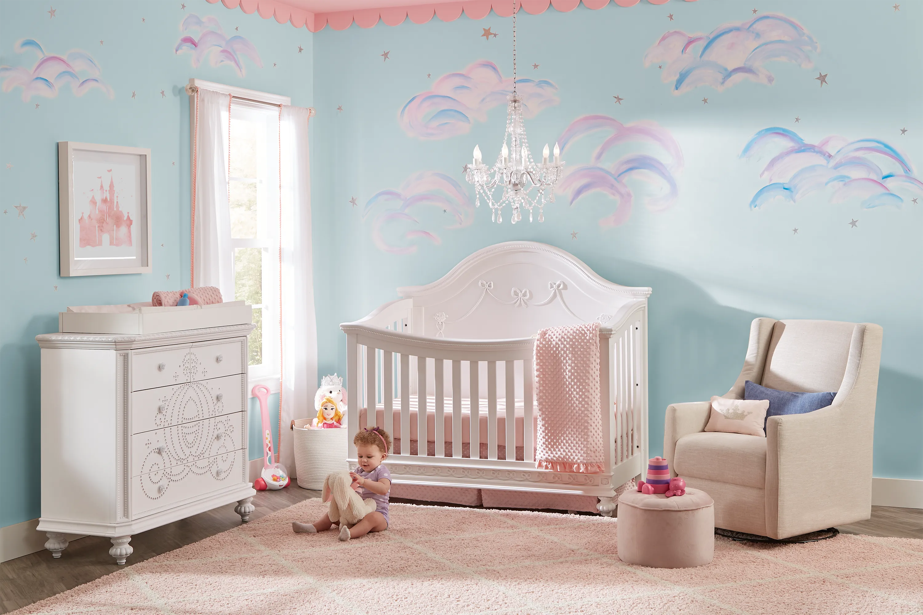 Disney Princess Fairytale White 5 Pc Nursery with Toddler & Conversion Rails - Image 1