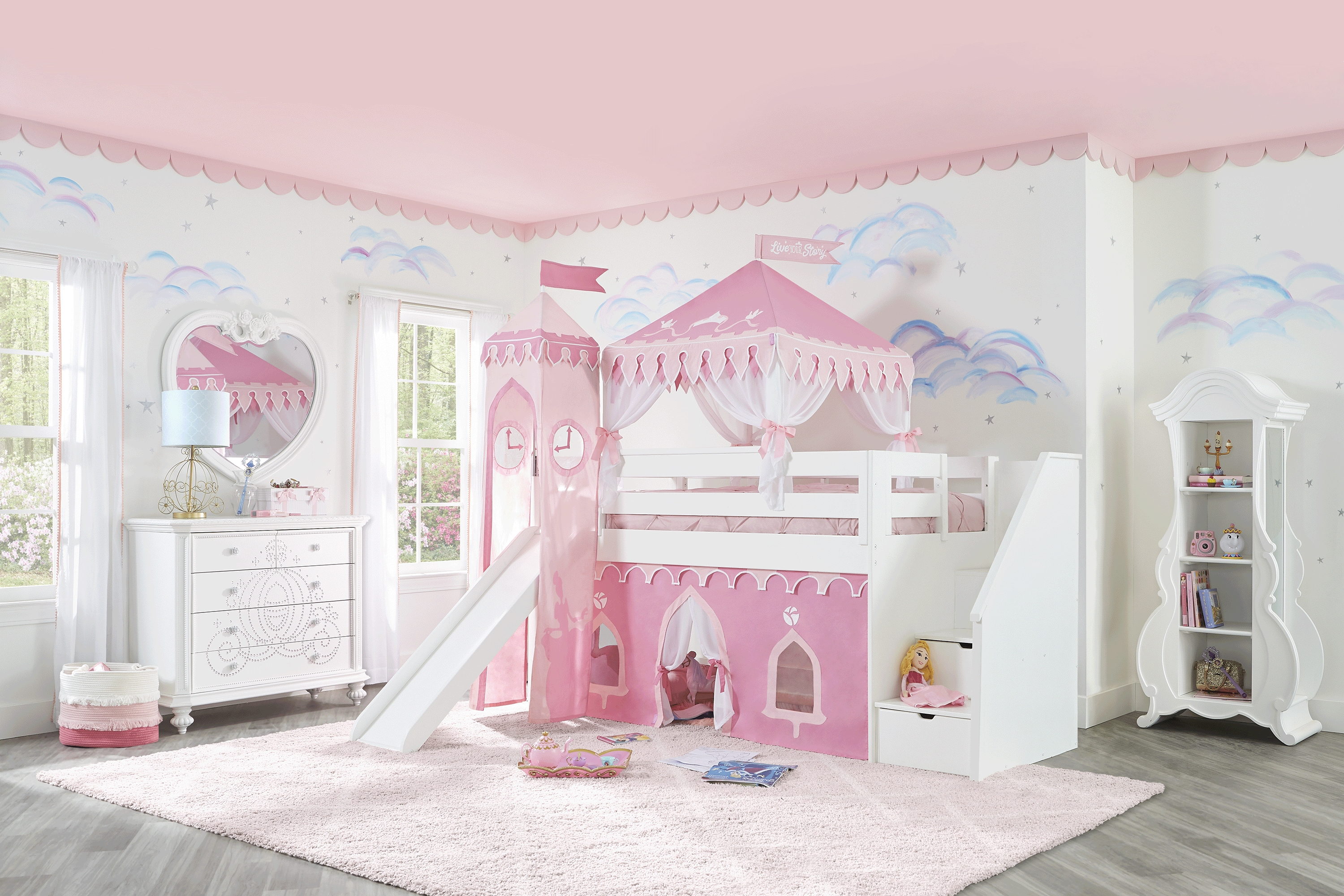 Disney Princess Fairytale White Step Loft Bed with Slide and Tower - Thumbnail - Image 2
