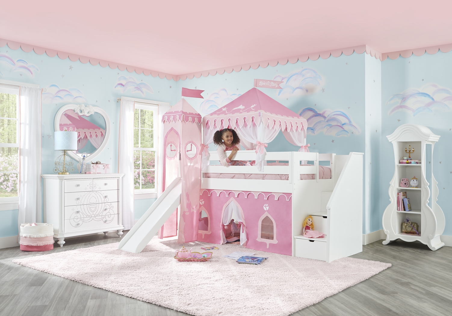 Disney Princess Fairytale White Twin Step Loft Bed with Slide and Tower - Thumbnail - Image 3