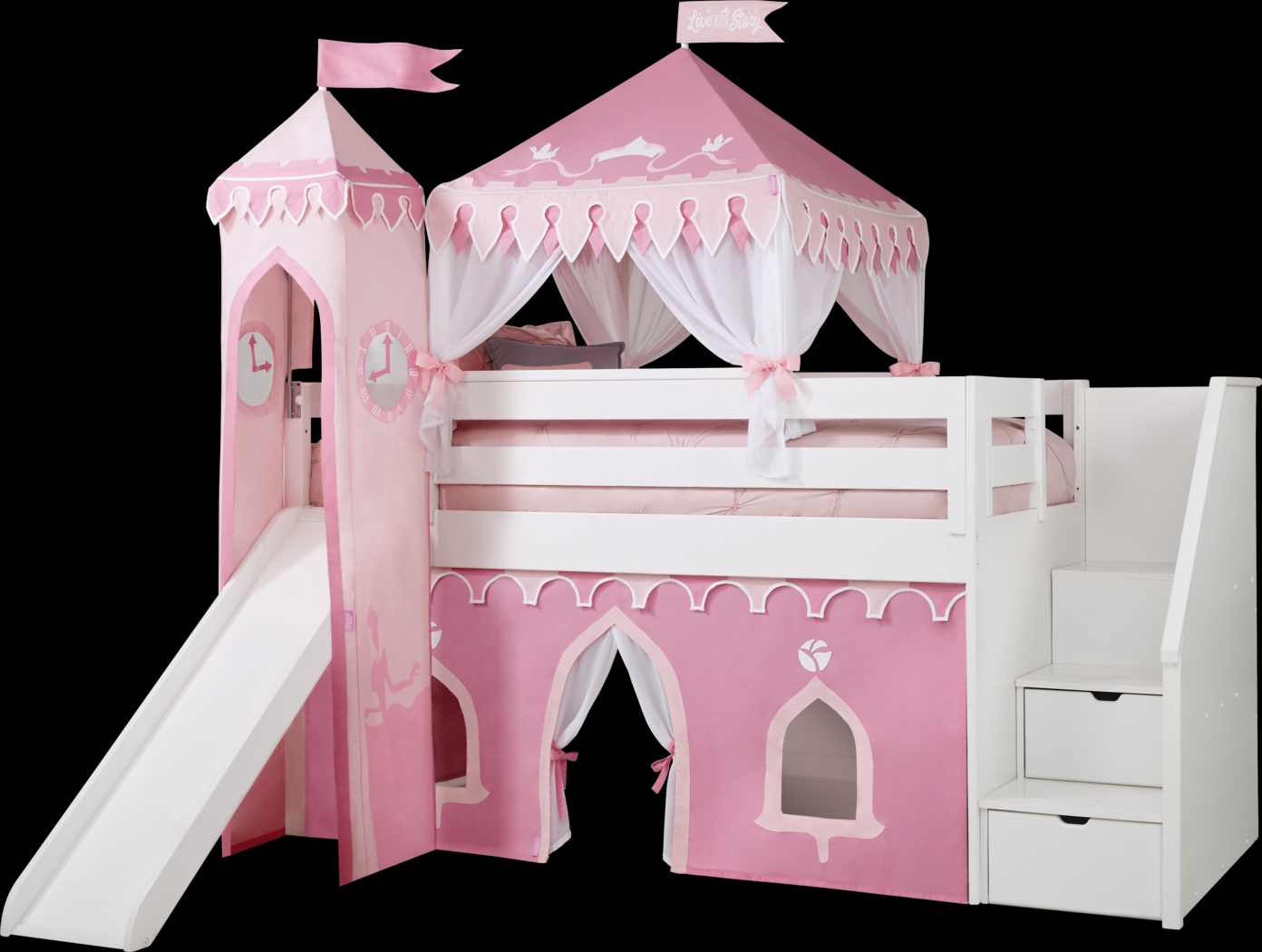 Disney Princess Fairytale White Twin Step Loft Bed with Slide and Tower - Thumbnail - Image 1
