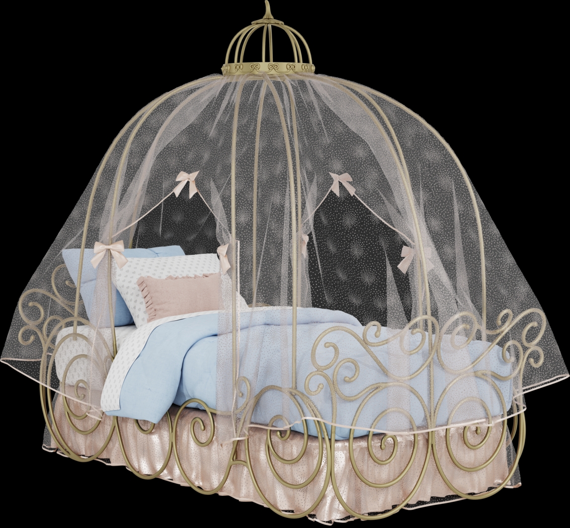 Disney Princess Royal Gold Twin Carriage Bed with Pink Canopy and Bed Skirt - Thumbnail - Image 1