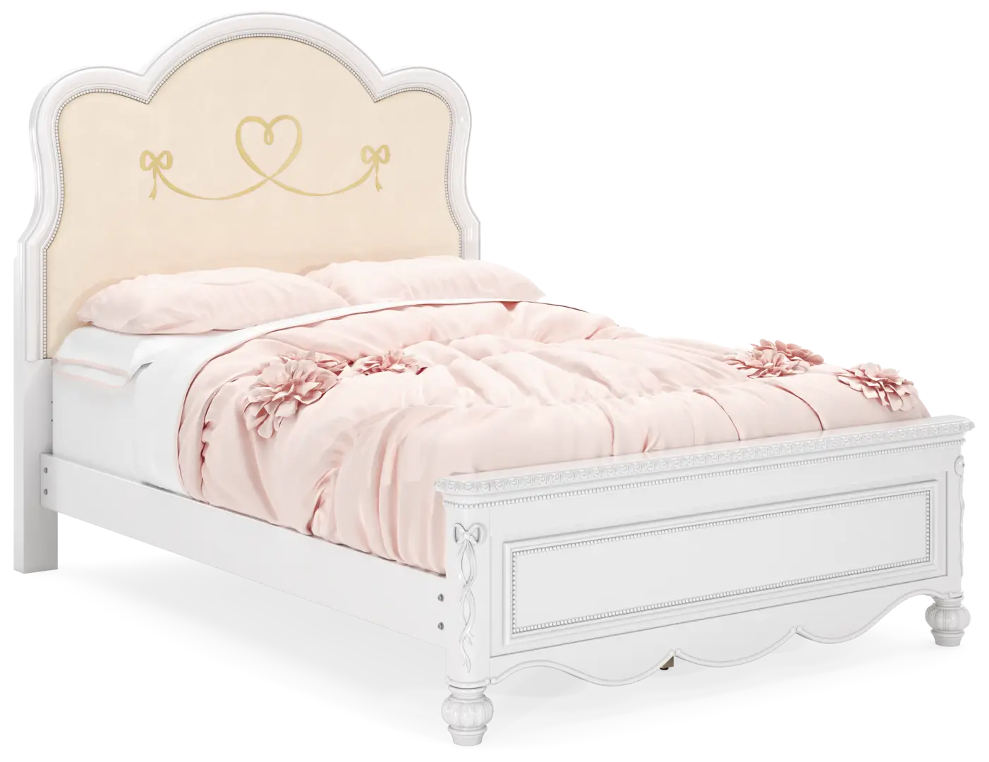 pink full wood and upholstered bed