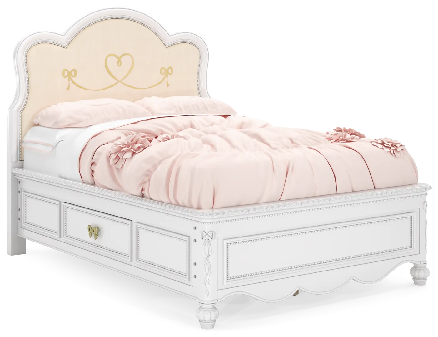 sparkle white full wood & upholstered bed w/2 drawers