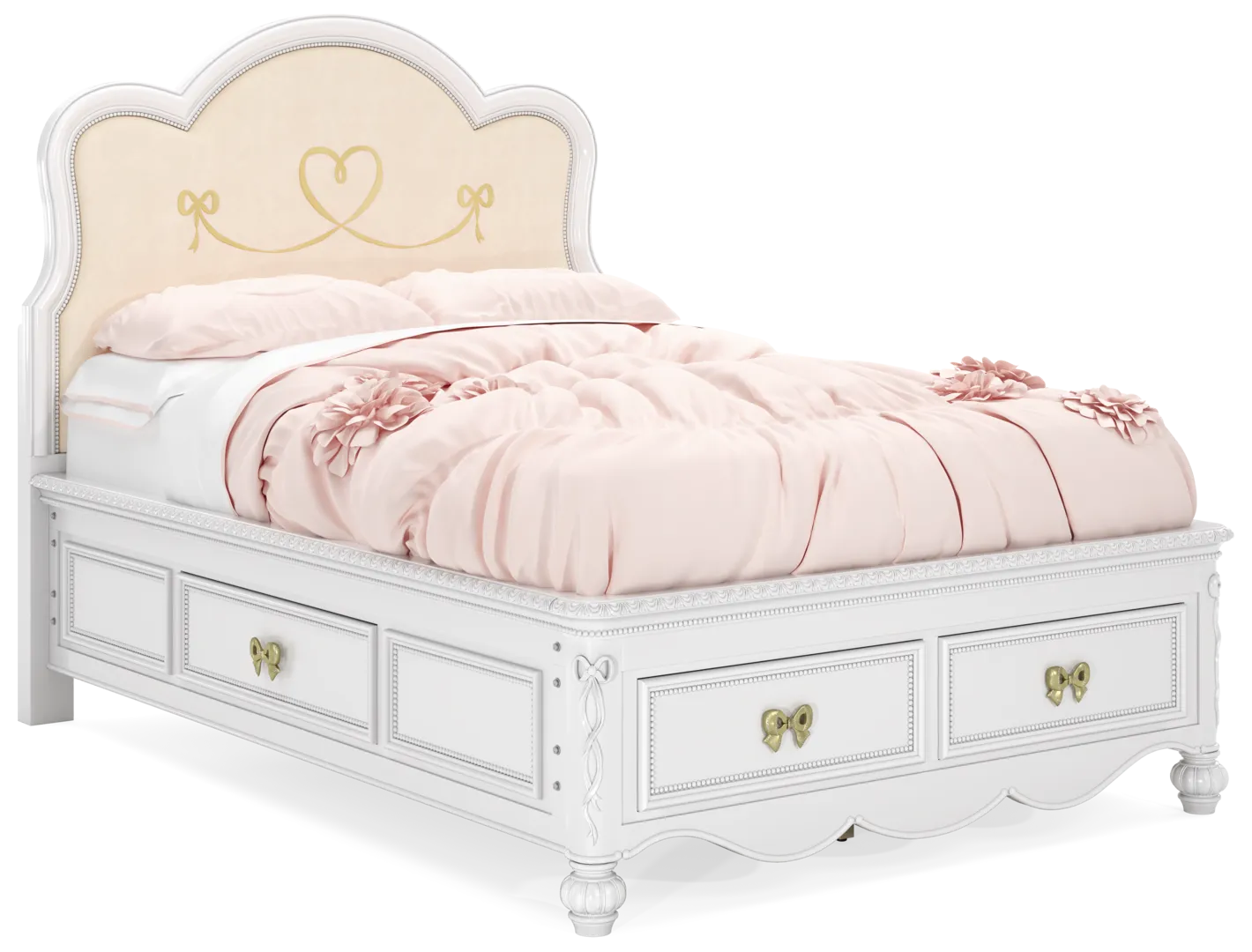 pink full wood & upholstered bed w/4 drawers