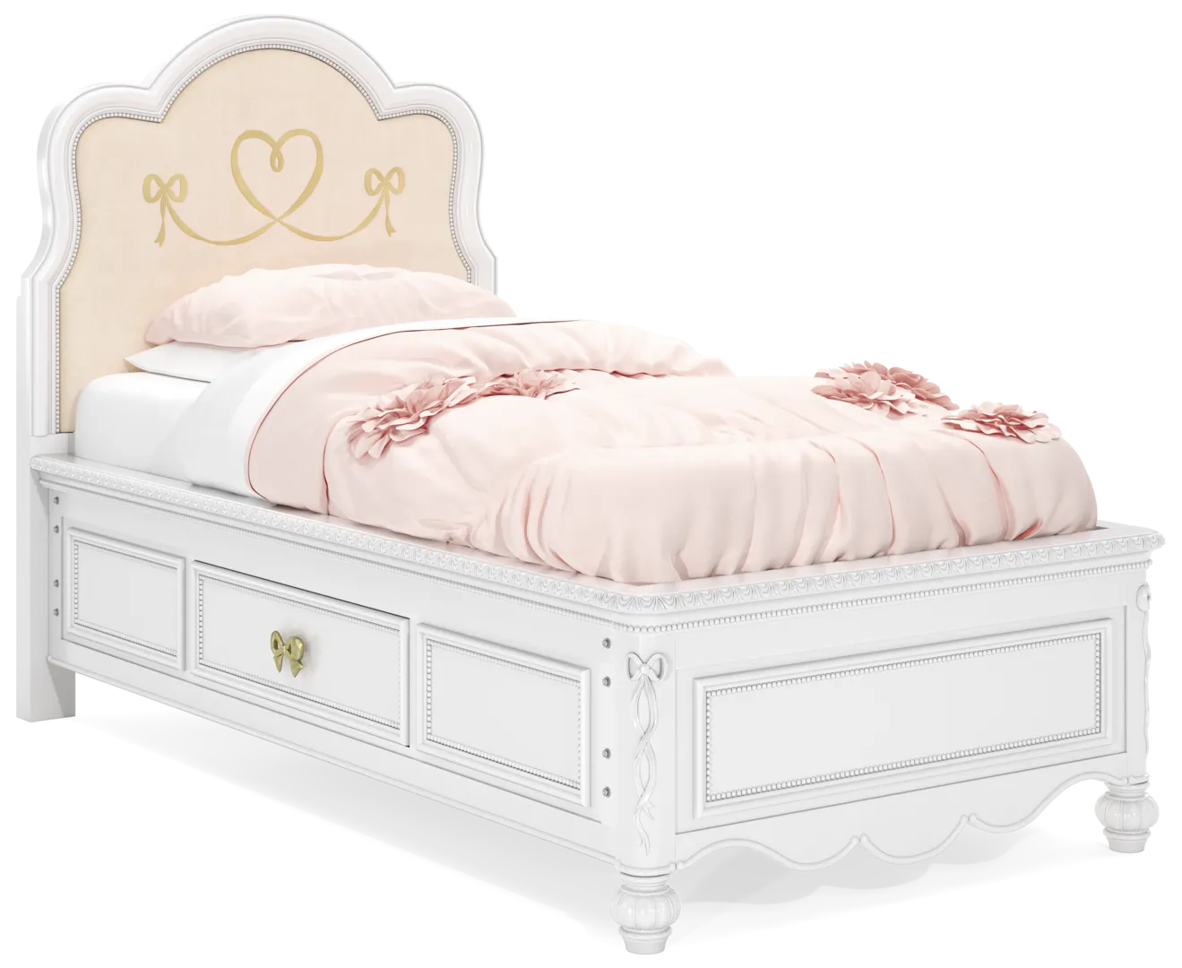 sparkle white twin wood & upholstered bed w/2 drawers
