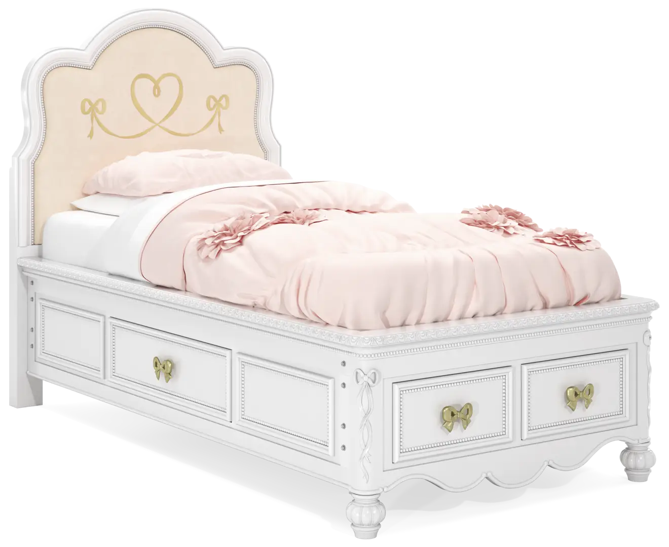 pink twin wood and upholstered bed w/ storage