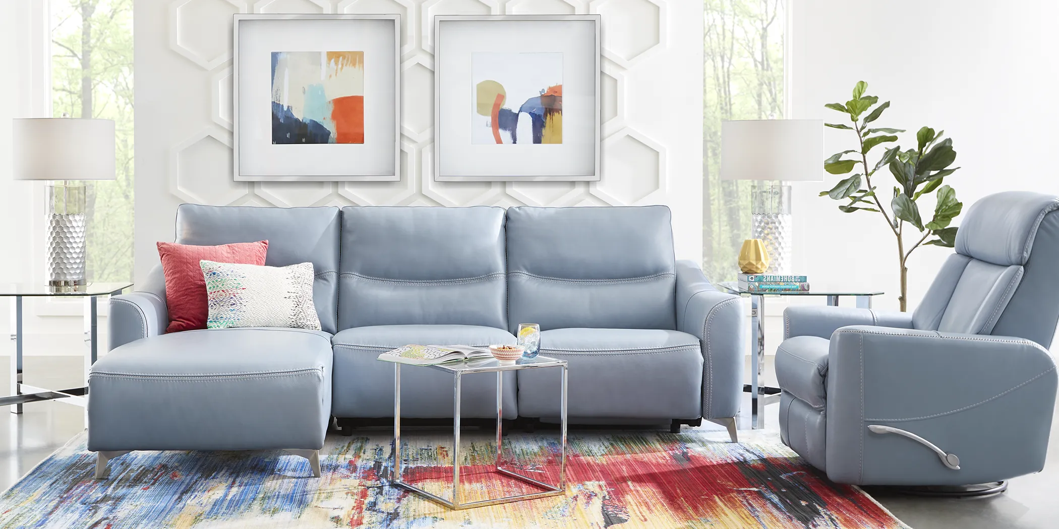 Domio 6 Pc Hydra Blue Leather Living Room Set With 3 Pc Left Arm Chaise ...