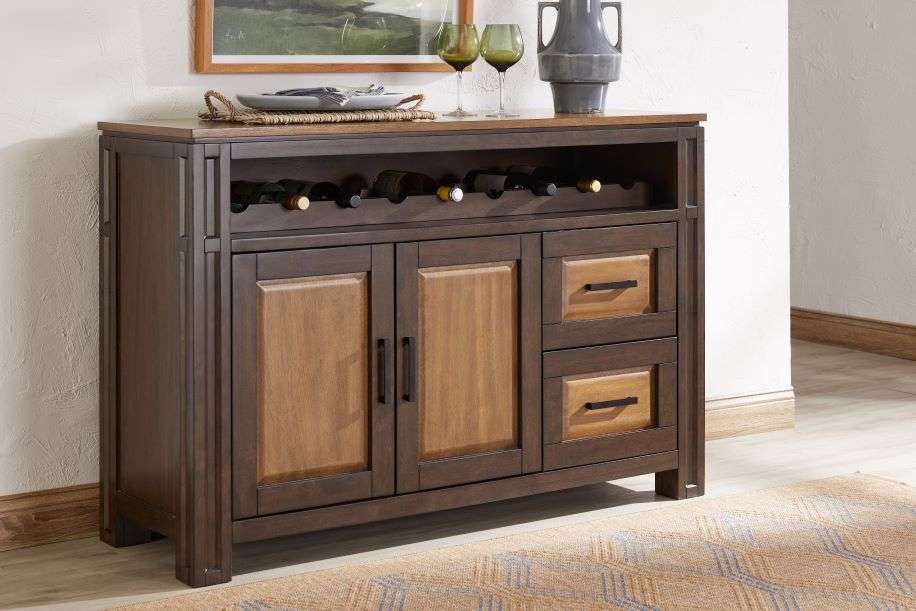 Dark brown wooden sideboard with wine rack, cabinets, and drawers.
