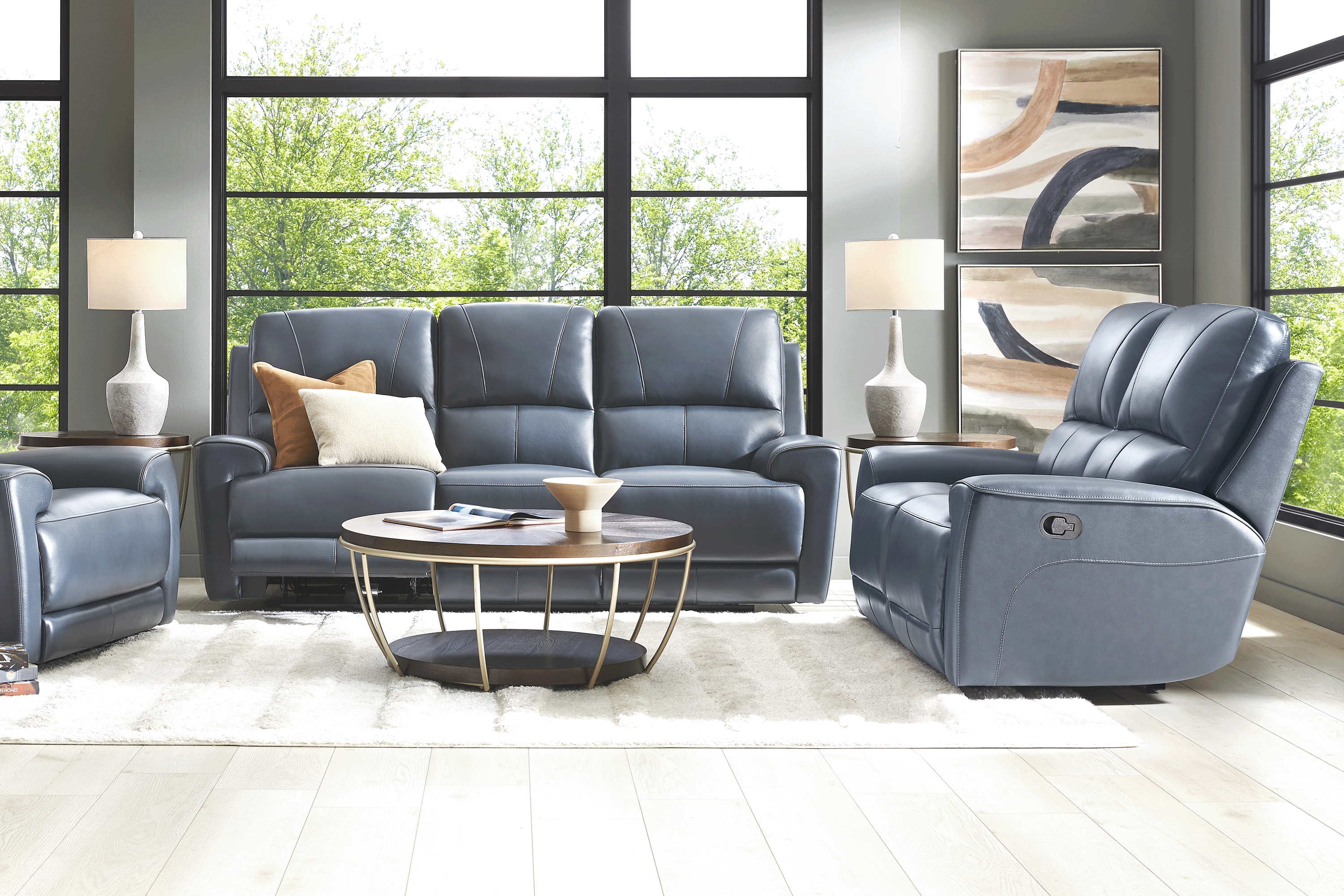 Fremont Blue Leather 3 Pc Living Room with Dual Power Reclining Sofa - Thumbnail - Image 1