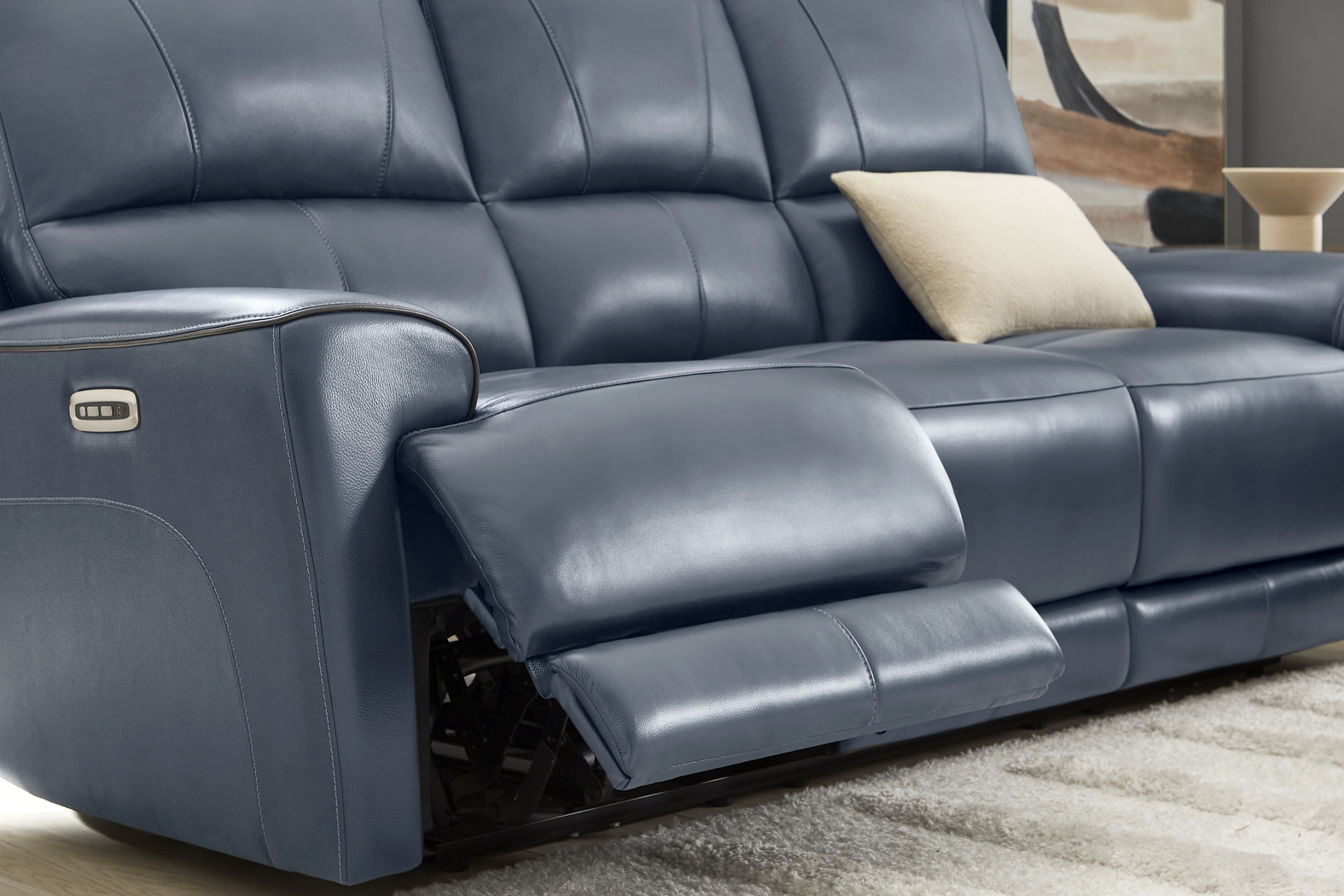 Fremont Blue Leather Dual Power Reclining Sofa - Thumbnail - Image 3