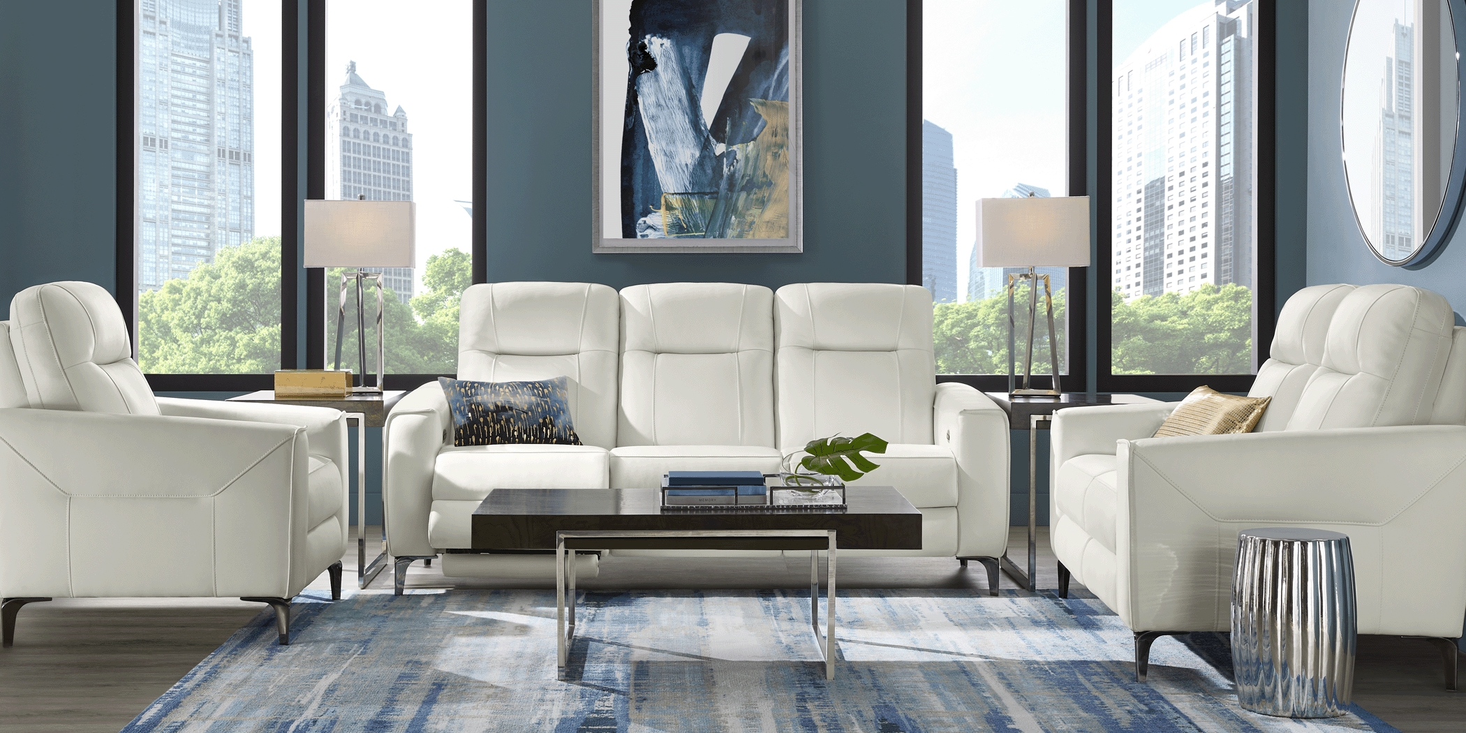 Parkside Heights White Leather 5 Pc Living Room w/Dual Power Reclining Sofa - Thumbnail - Image 2