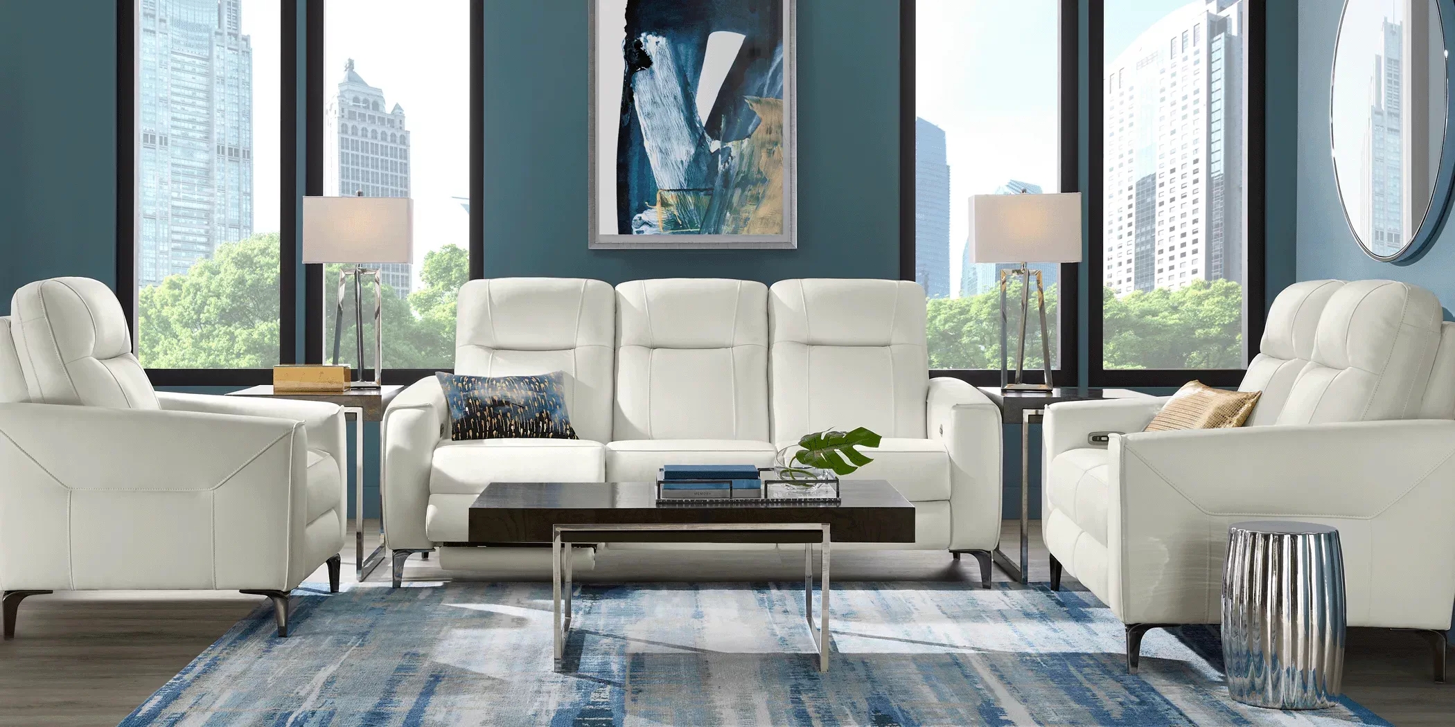 Parkside Heights White Leather 7 Pc Dual Power Reclining Living Room - Thumbnail - Image 2