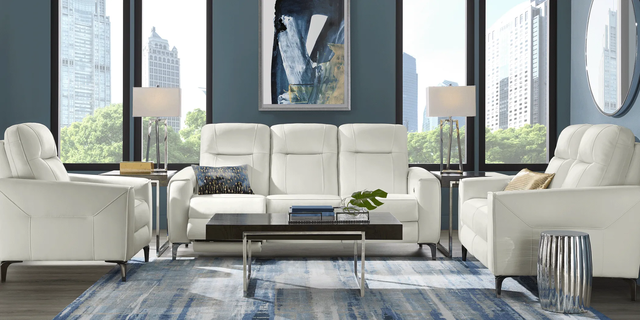 Parkside Heights White Leather 7 Pc Living Room w/Dual Power Reclining Sofa - Thumbnail - Image 2