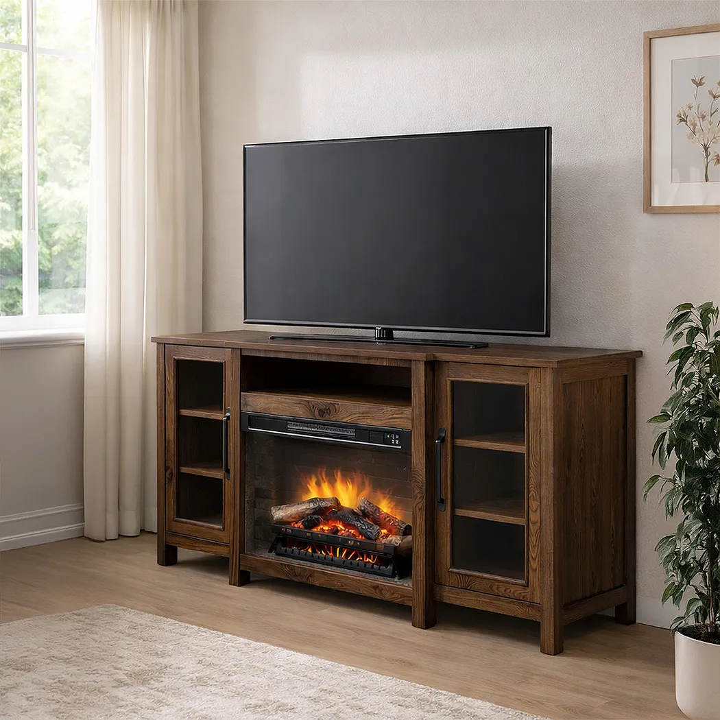 Durnan Brown 60 in. Console with Electric Fireplace - Thumbnail - Image 3