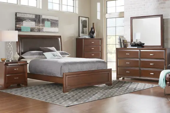 Belcourt Brown Cherry Finish 5 Pc Queen Upholstered Sleigh Bedroom