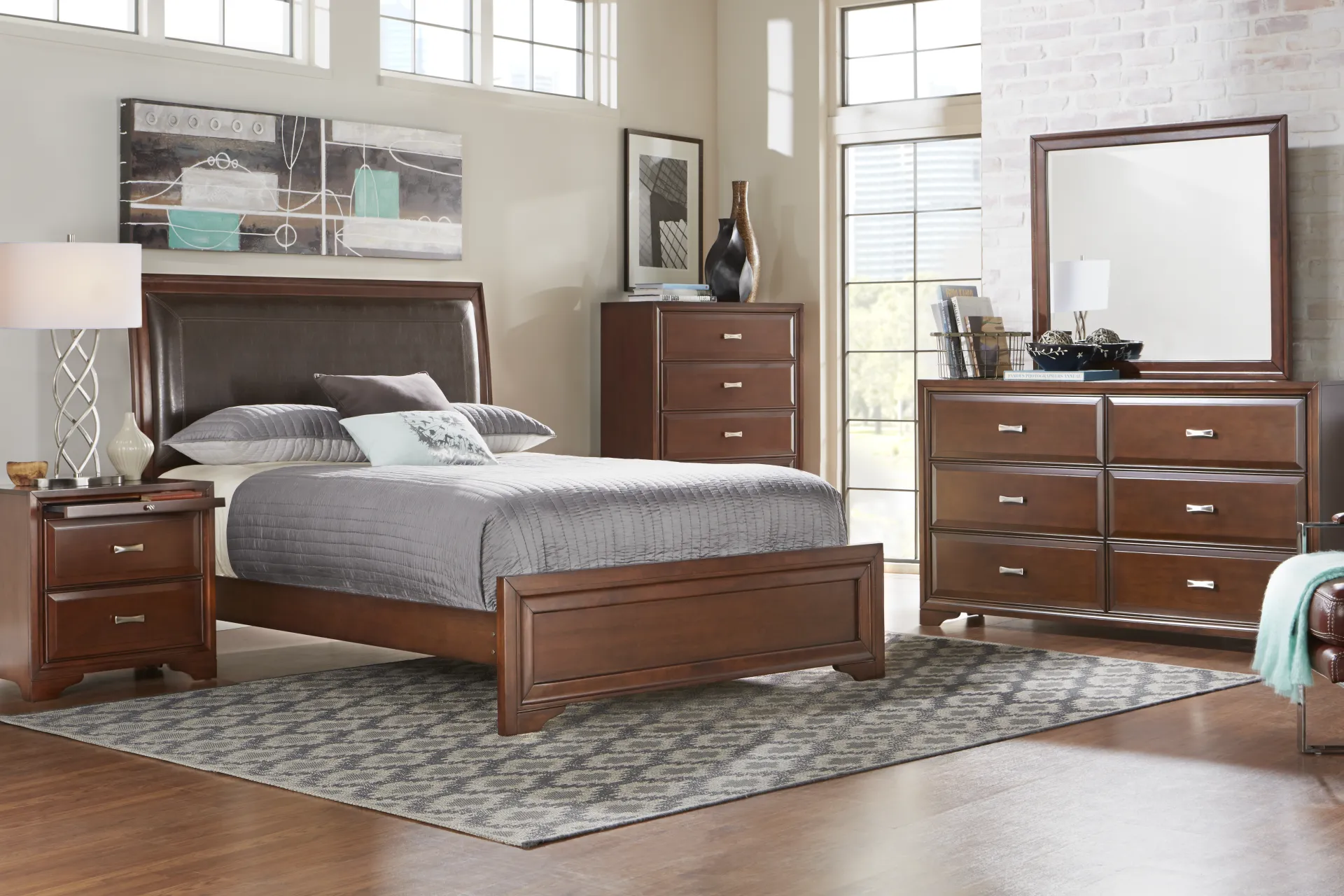 Belcourt Brown Cherry Finish 3 Pc King Upholstered Sleigh Bed - Image 1