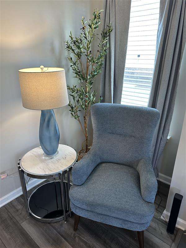 A blue armchair next to a side table with a lamp and a plant.