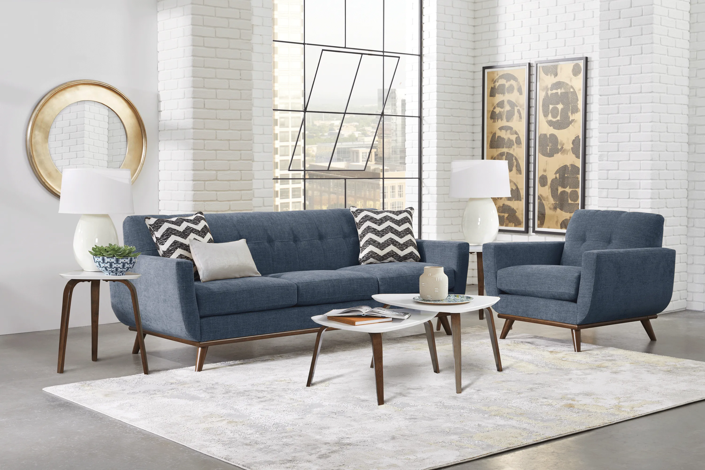 East Side 6 Pc Sapphire Blue Chenille Fabric Living Room Set With