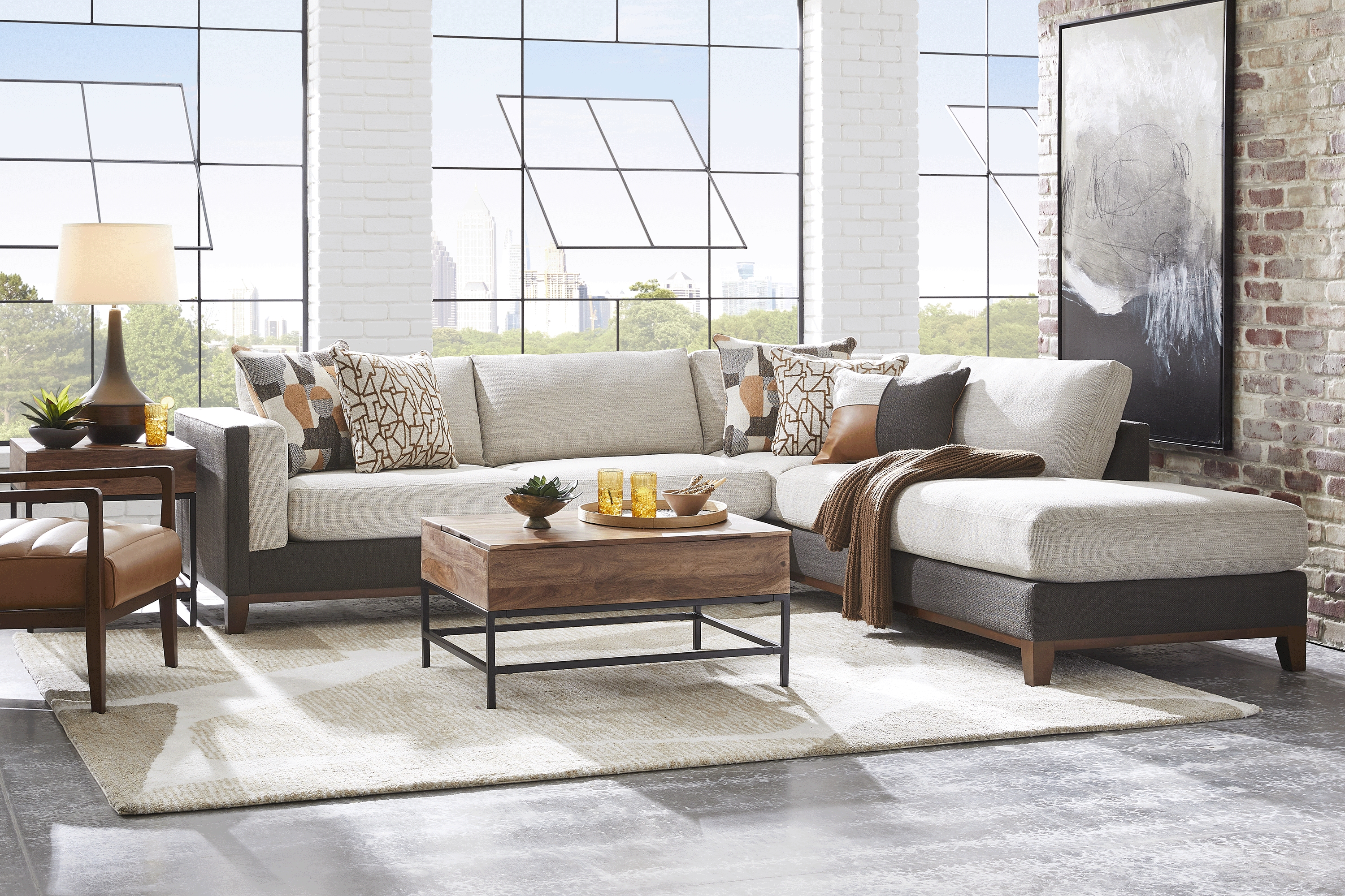 East Village Sandstone Chenille 6 Pc Sectional Living Room - Thumbnail - Image 1