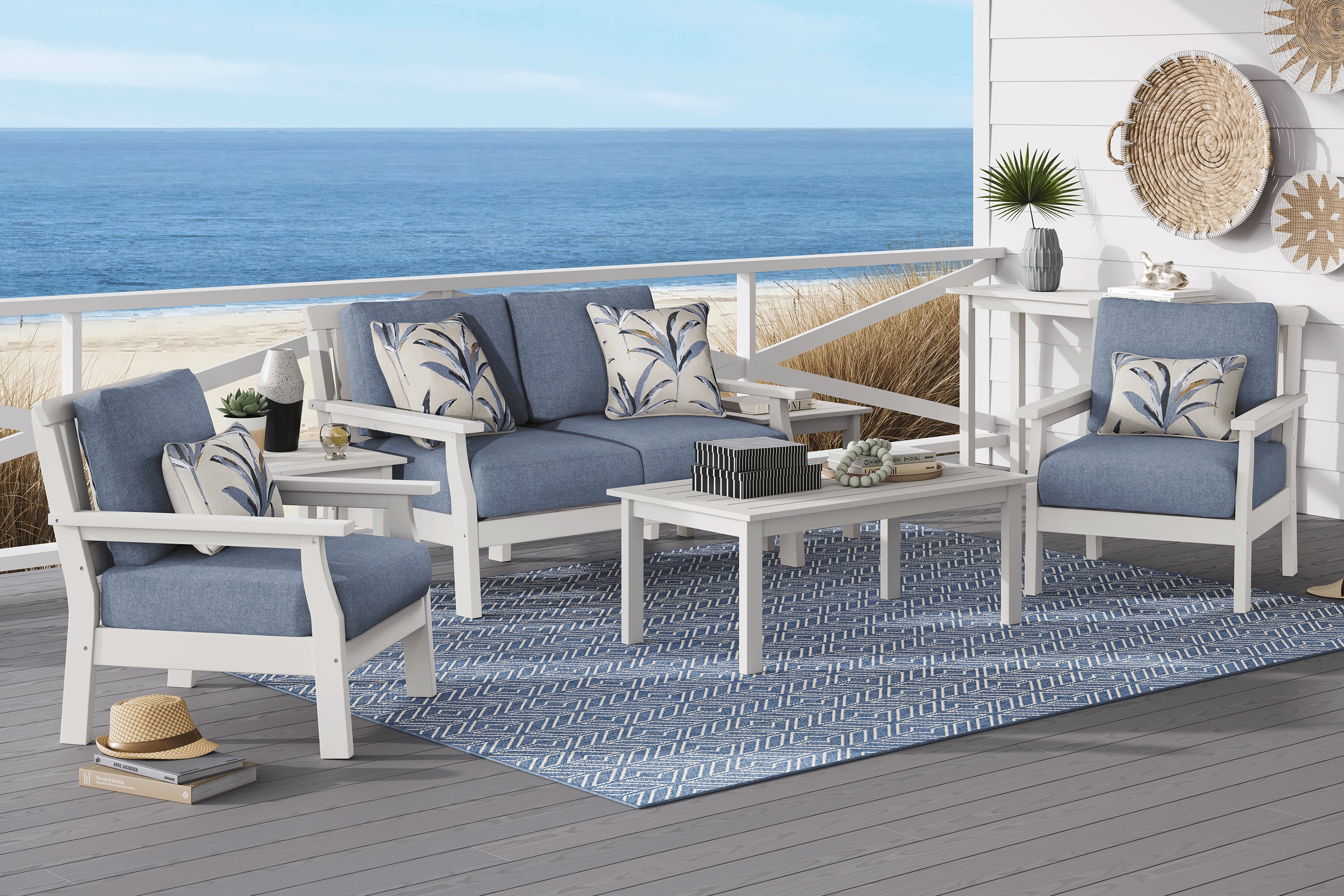 Eastlake White 4 Pc Outdoor Loveseat Seating Set with Agean Cushions - Thumbnail - Image 1