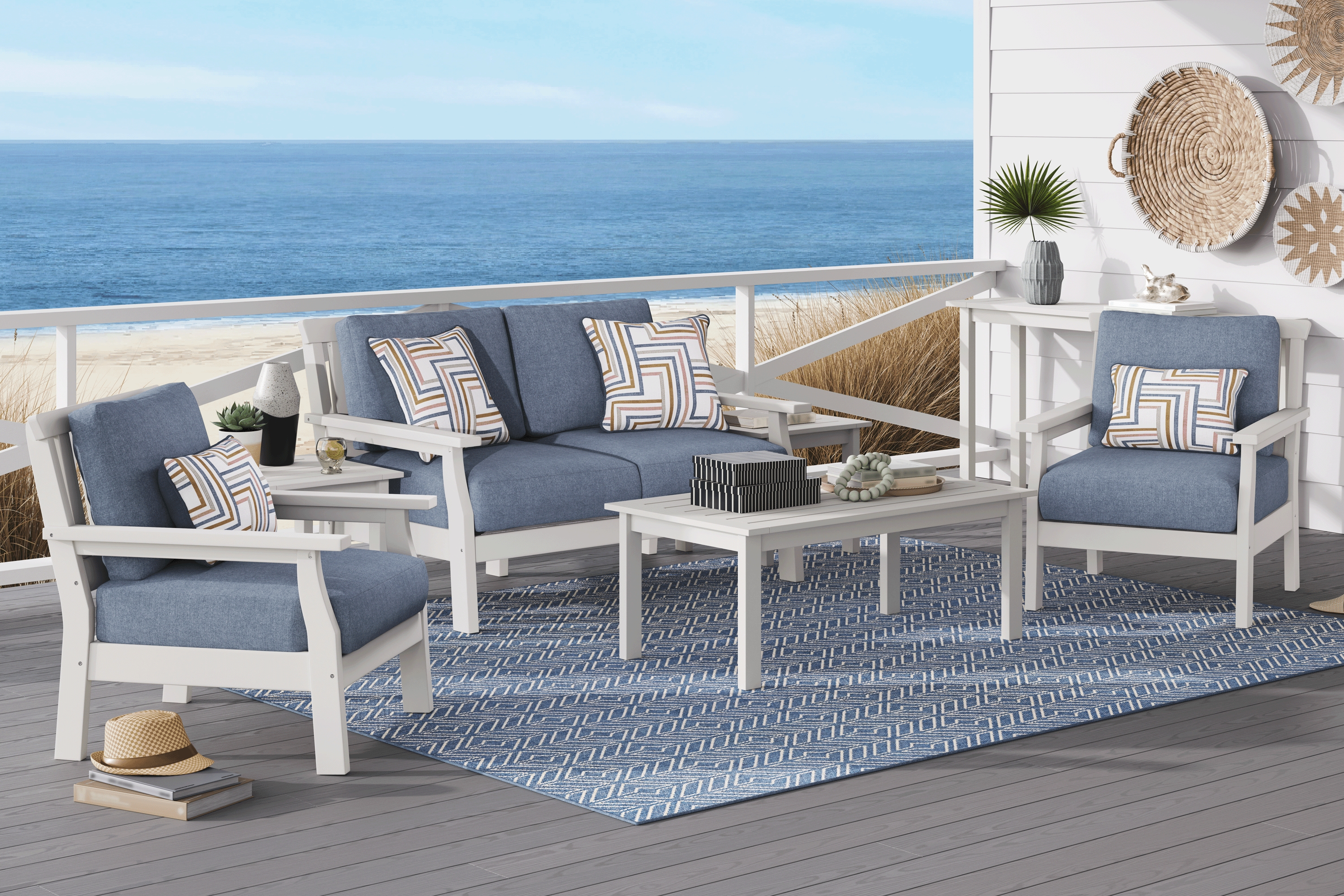 Eastlake White 4 Pc Outdoor Loveseat Seating Set with Agean Cushions - Thumbnail - Image 1