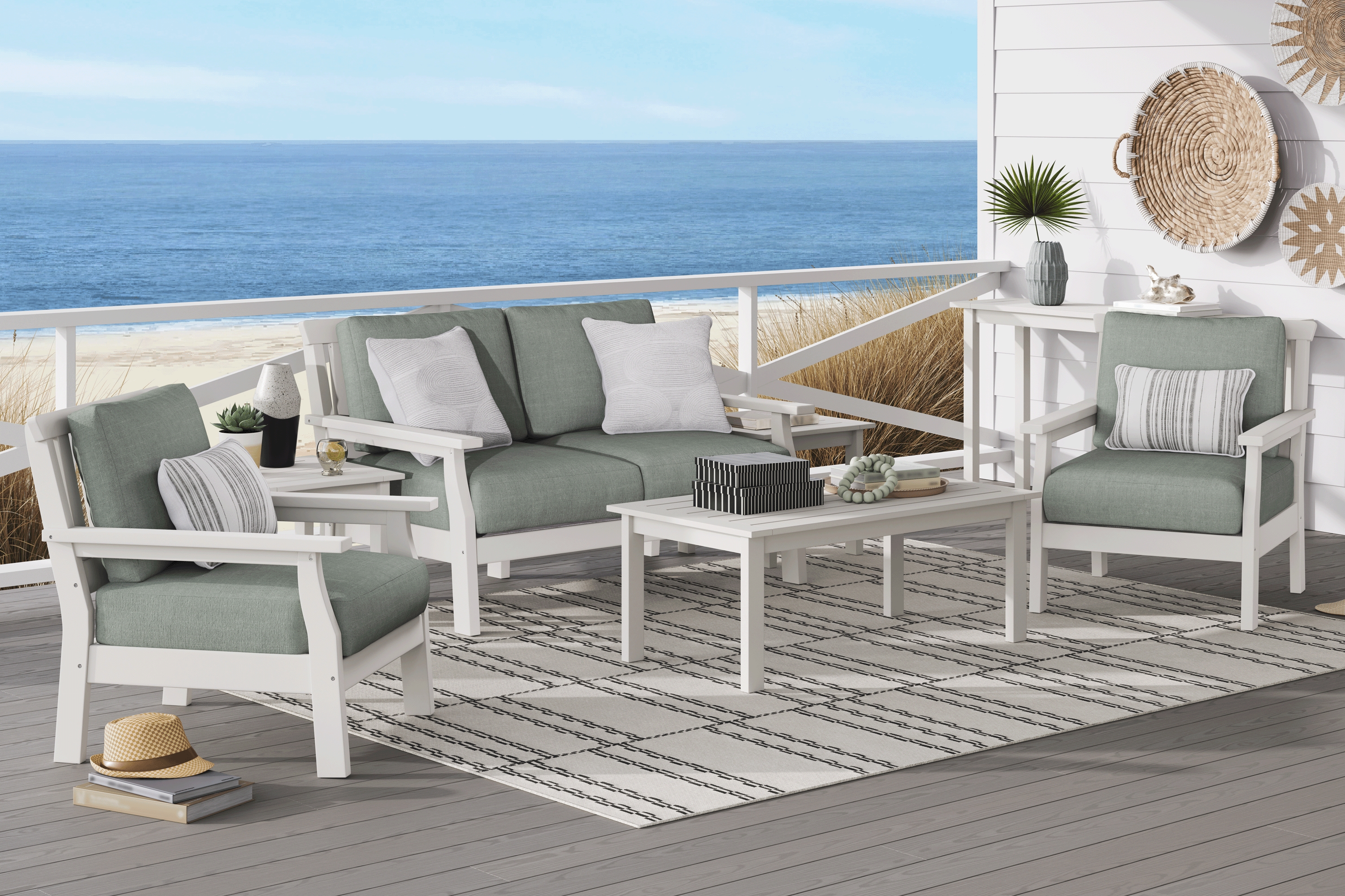 Eastlake White 4 Pc Outdoor Loveseat Seating Set with Jade Cushions - Thumbnail - Image 1