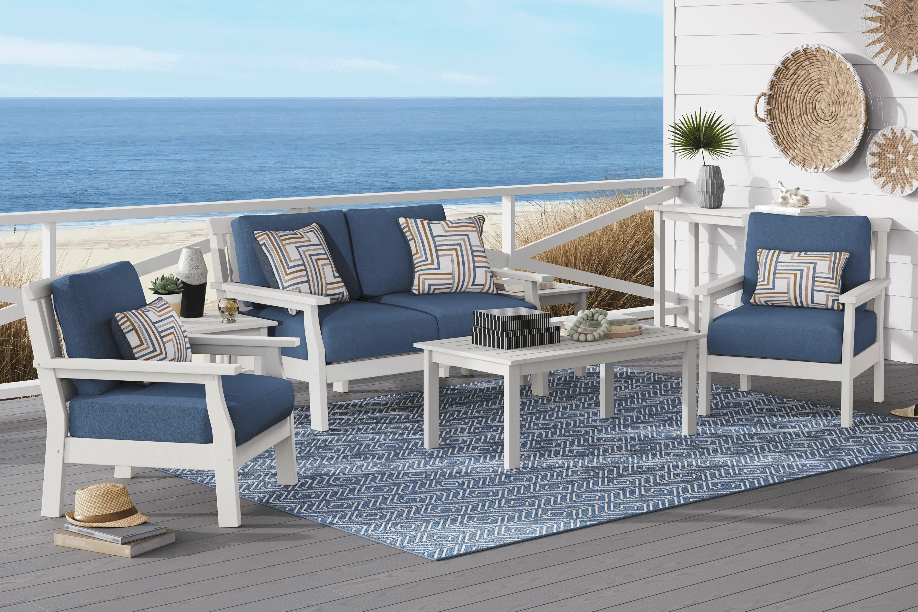 Eastlake White 4 Pc Outdoor Loveseat Seating Set with Ocean Cushions - Thumbnail - Image 1