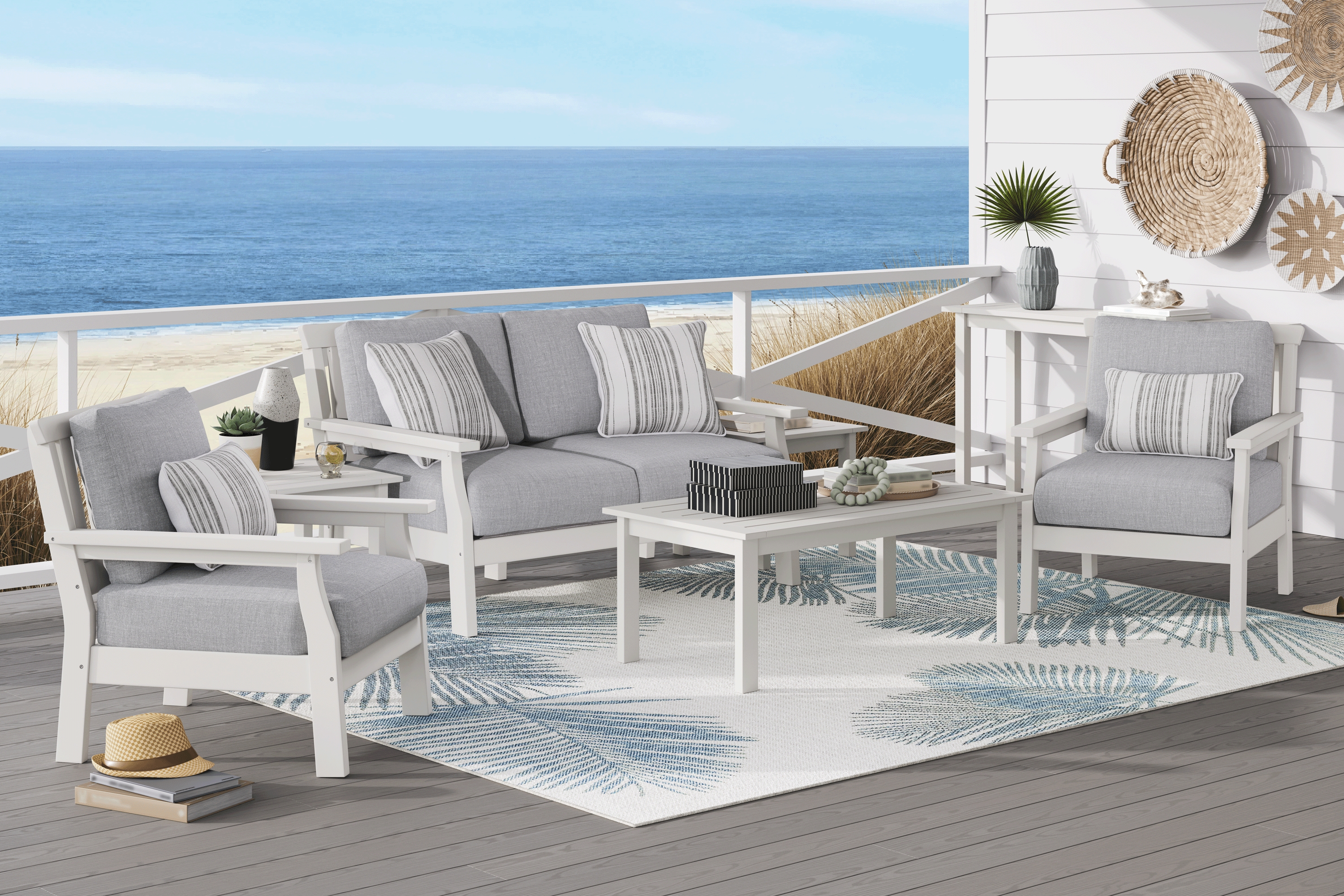 Eastlake White 4 Pc Outdoor Loveseat Seating Set with Pewter Cushions - Thumbnail - Image 1