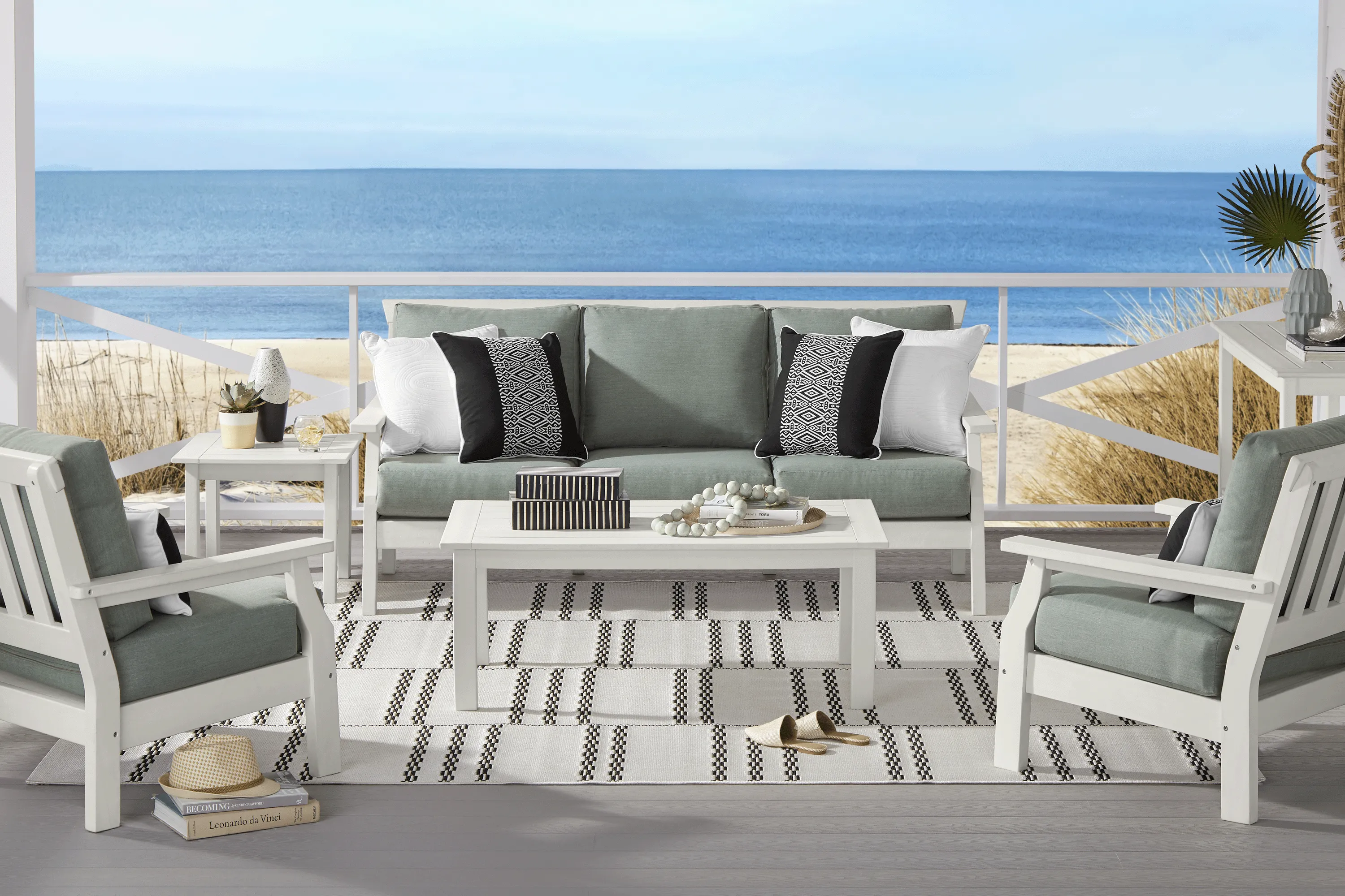 Eastlake White Outdoor Sofa with Jade Cushions - Thumbnail - Image 2