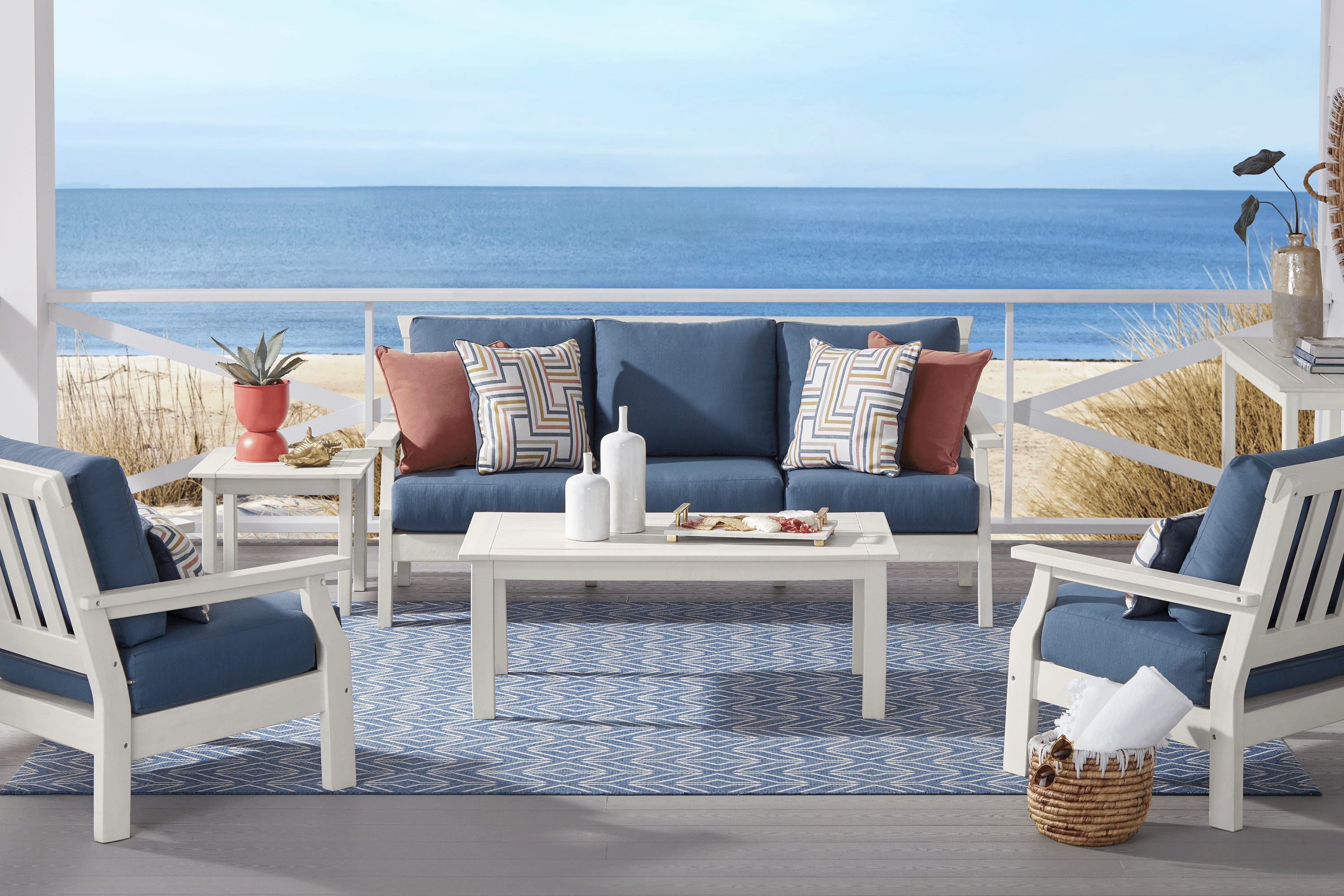 Eastlake White Outdoor Sofa with Ocean Cushions - Thumbnail - Image 2