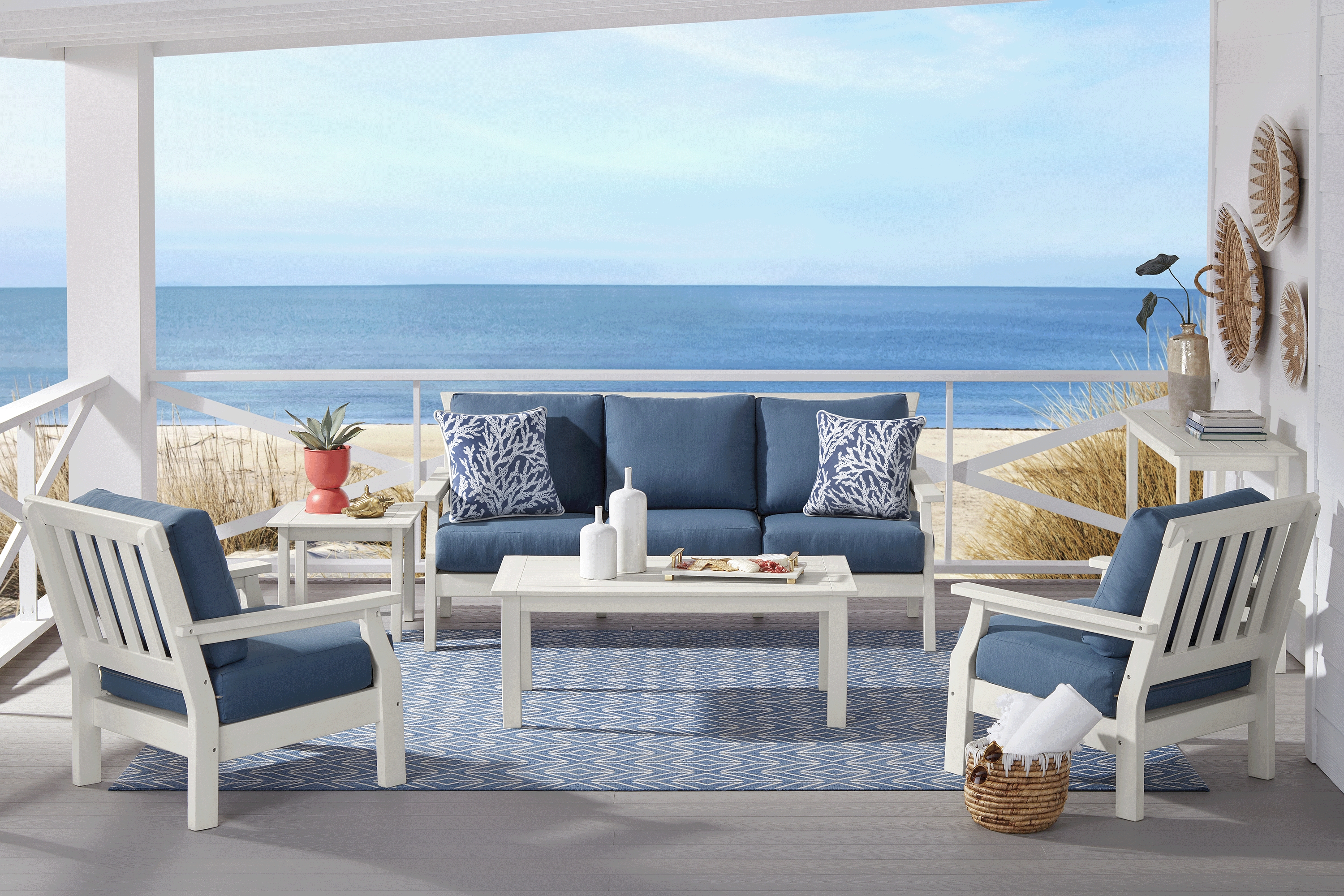 Eastlake White Outdoor Sofa with Ocean Cushions - Thumbnail - Image 2
