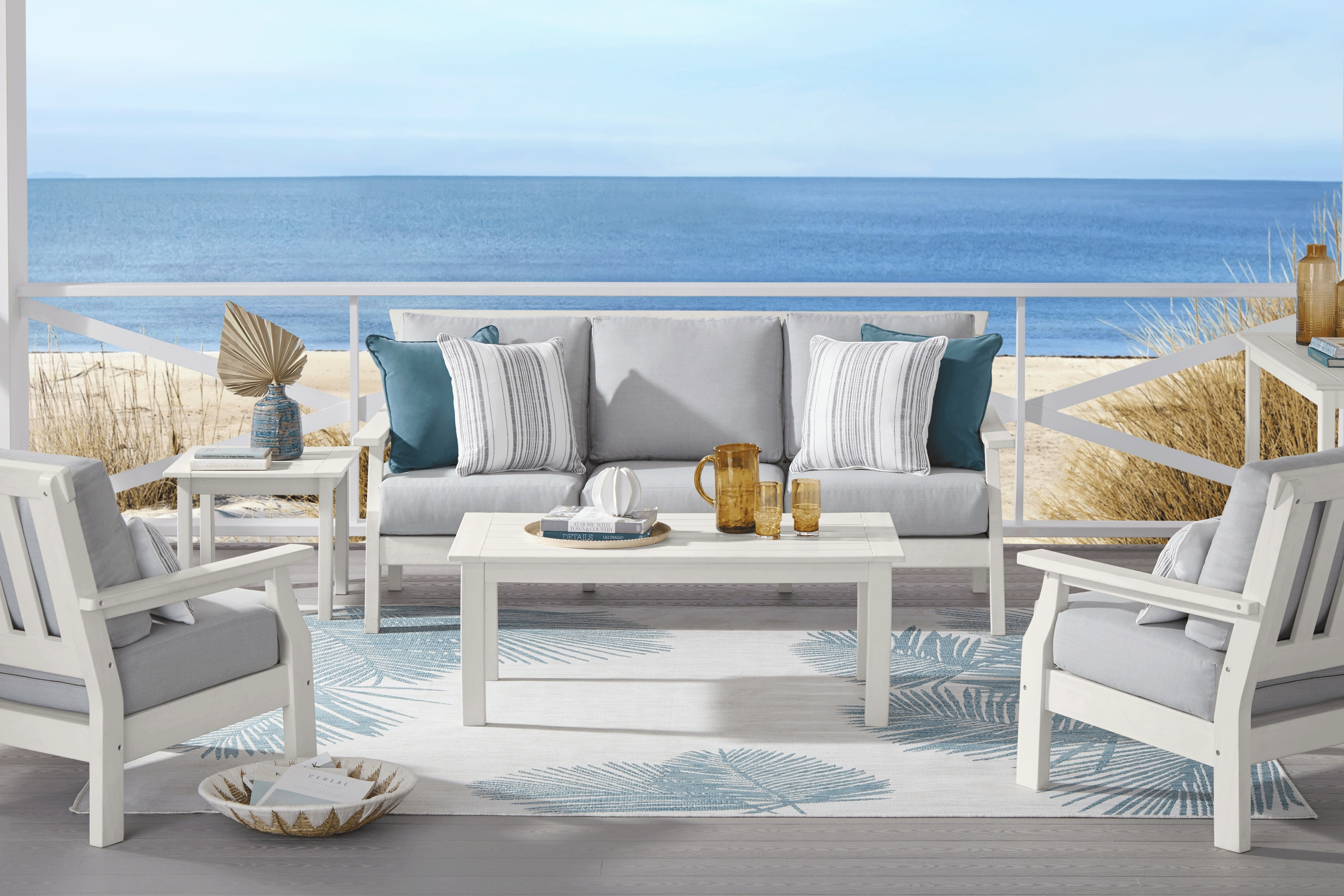 Eastlake White 4 Pc Outdoor Seating Set with Pewter Cushions - Thumbnail - Image 1