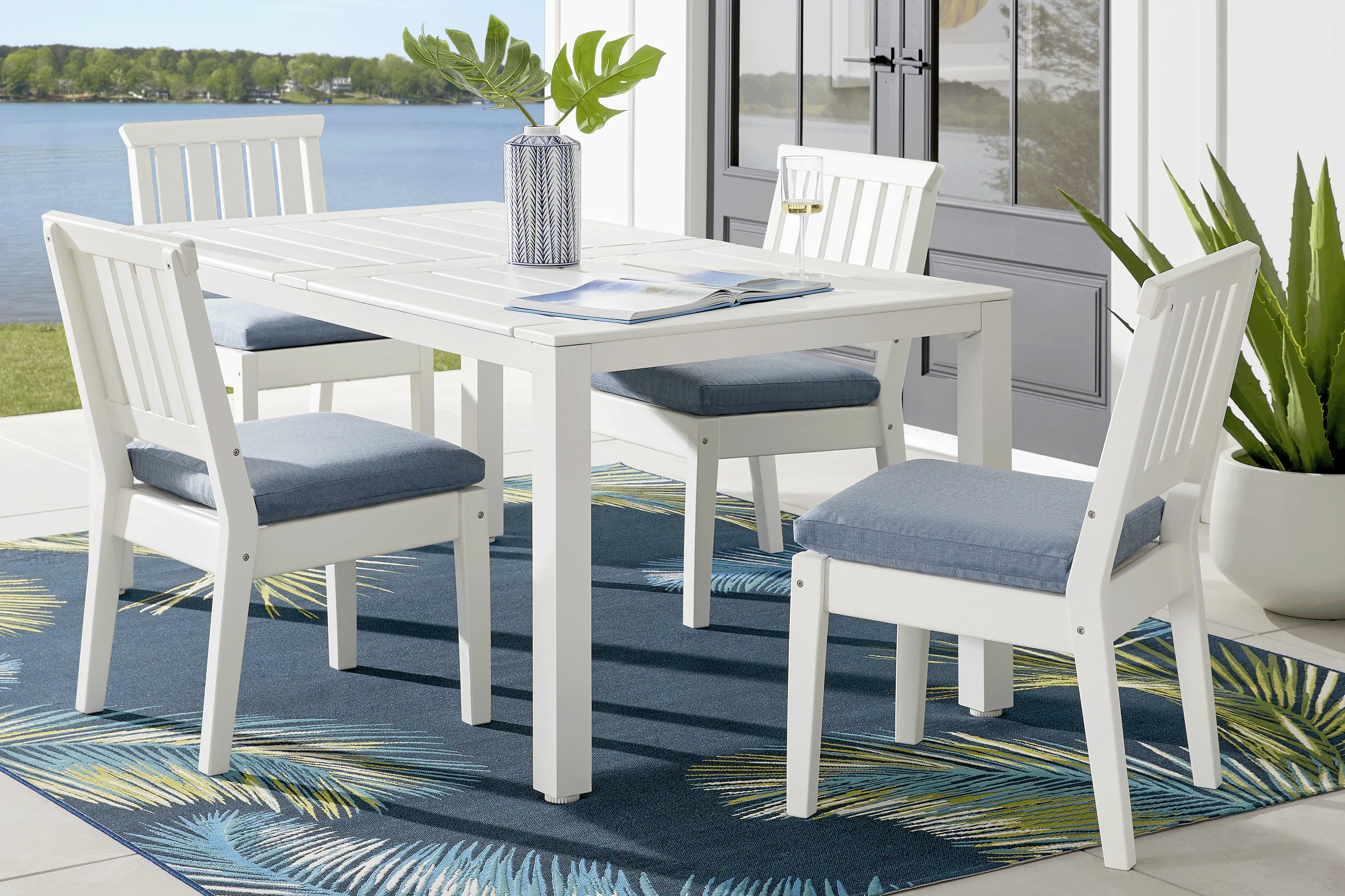 Eastlake White 5 Pc 71 in. Rectangle Outdoor Dining Set with Agean Cushions - Thumbnail - Image 1