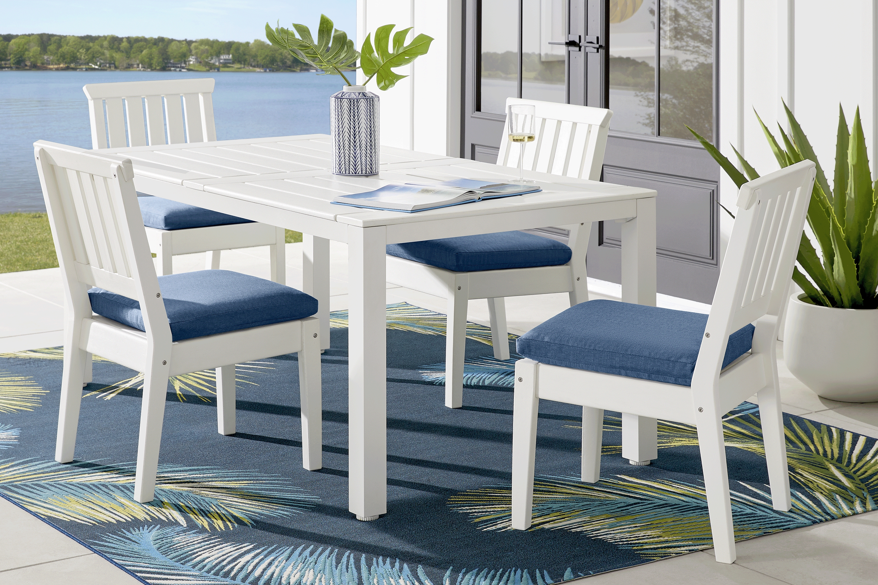 Eastlake White 5 Pc 71 in. Rectangle Outdoor Dining Set with Ocean Cushions - Thumbnail - Image 1