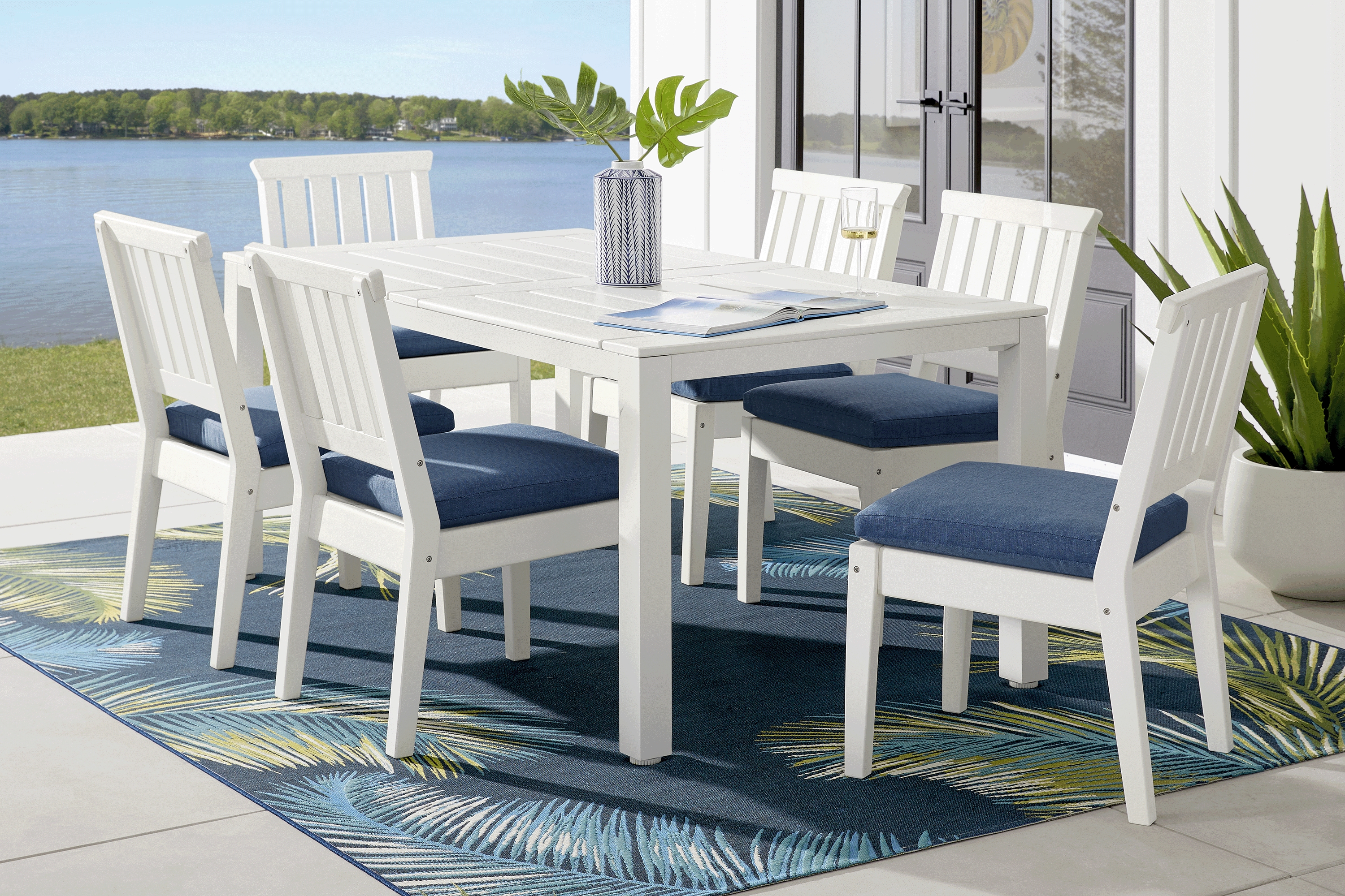 Eastlake White 7 Pc 71 in. Rectangle Outdoor Dining Set with Ocean Cushions - Thumbnail - Image 1
