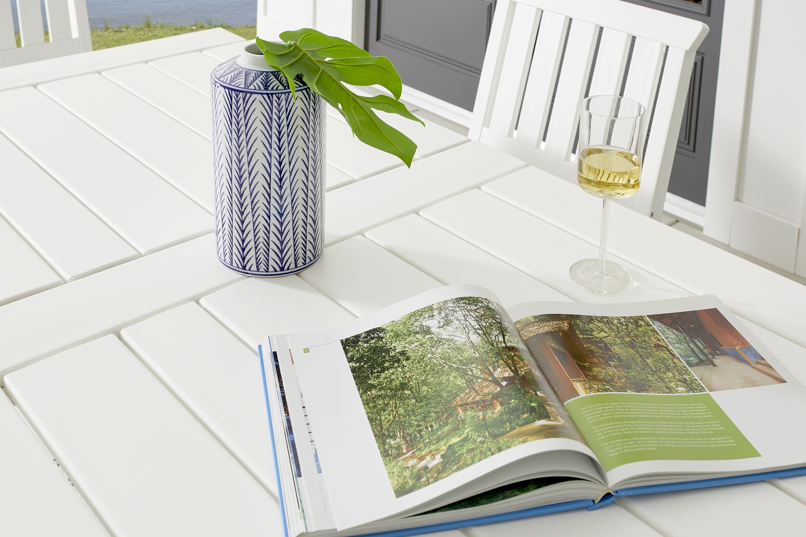 Eastlake White 7 Pc 71 in. Rectangle Outdoor Dining Set with Ocean Cushions - Thumbnail - Image 3