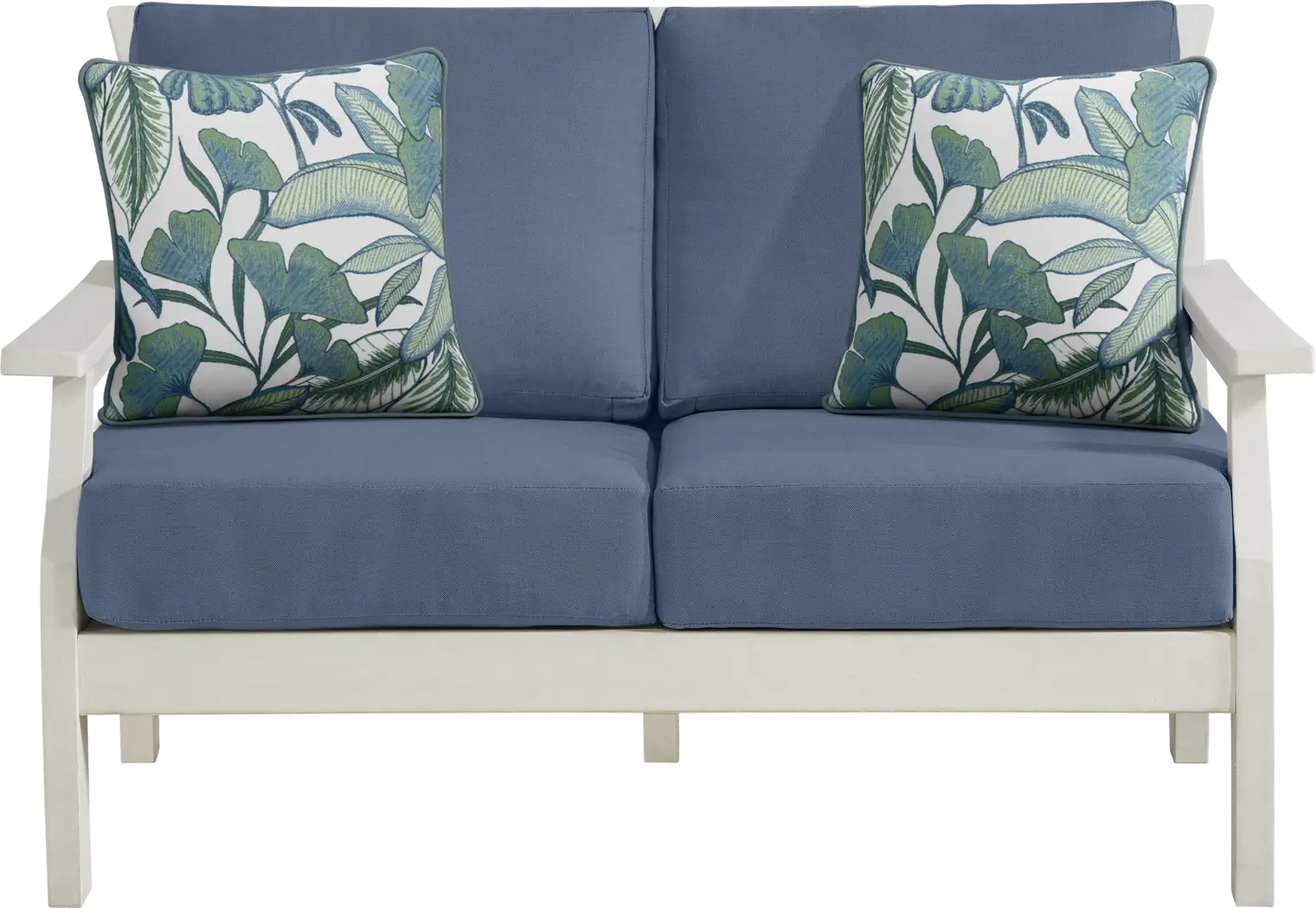 Eastlake White Outdoor Loveseat with Blueberry Cushions - Thumbnail - Image 1