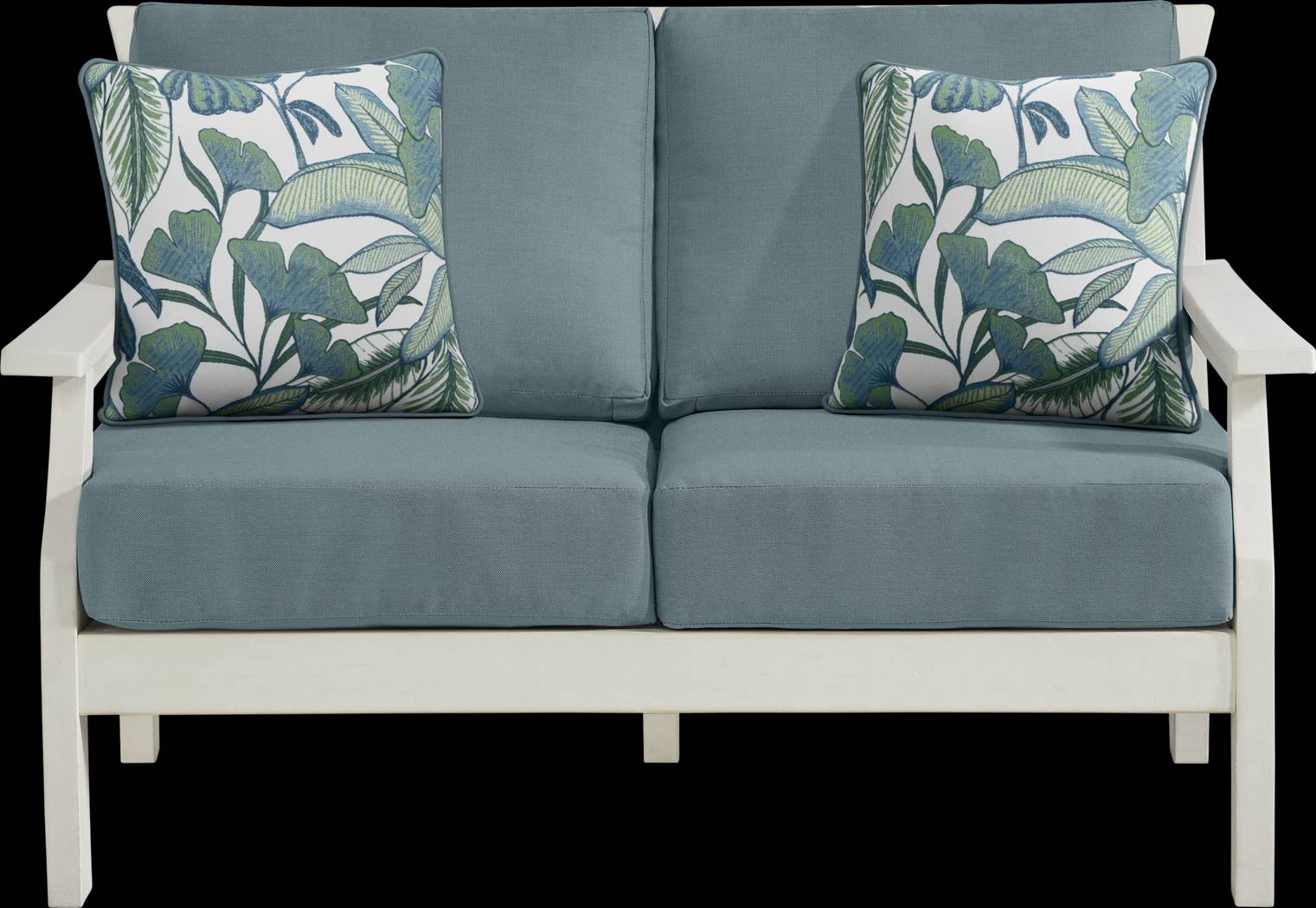 Eastlake White Outdoor Loveseat with Breeze Cushions - Thumbnail - Image 1