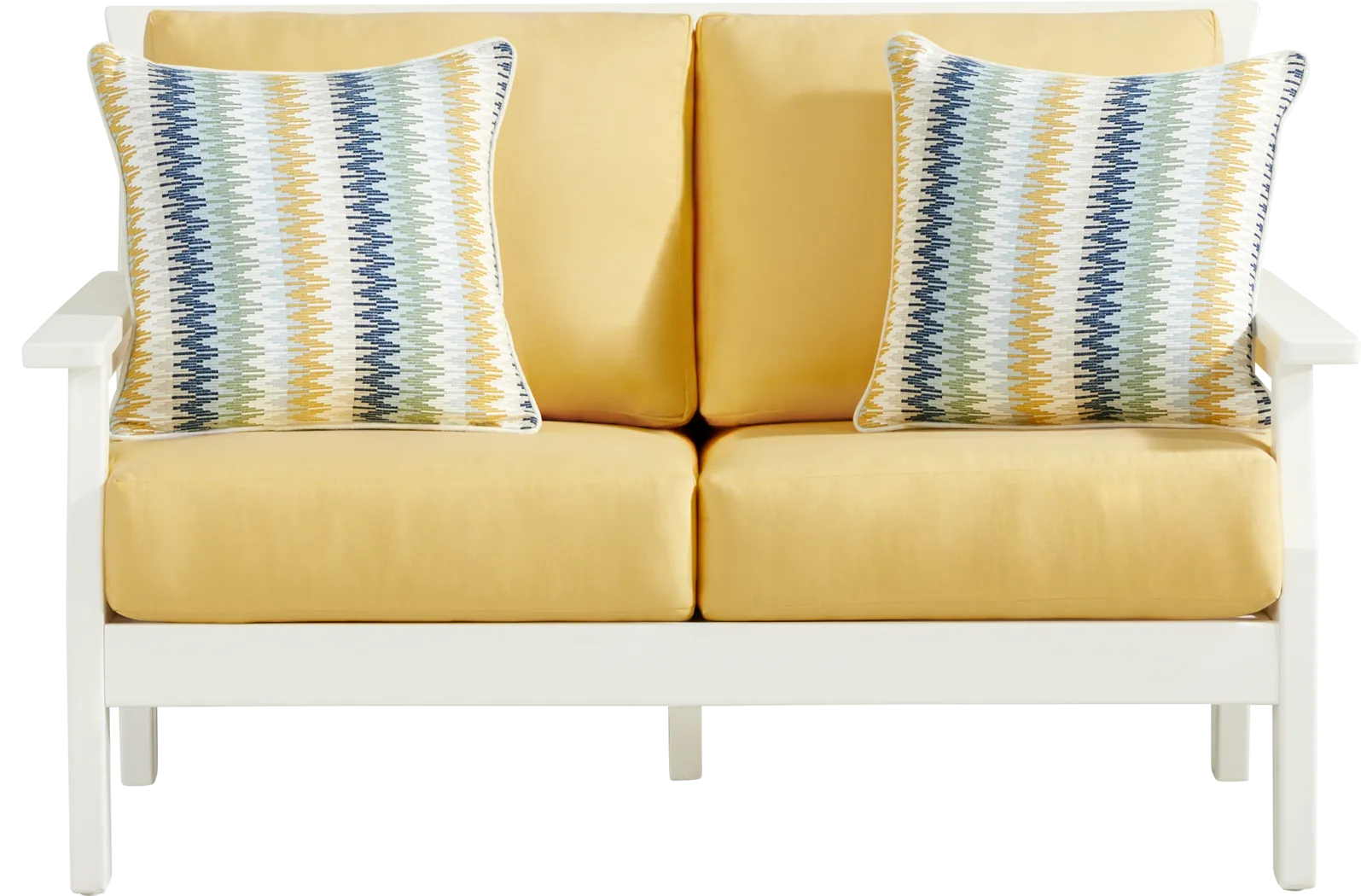 Eastlake White Outdoor Loveseat with Buttercup Cushions - Thumbnail - Image 1