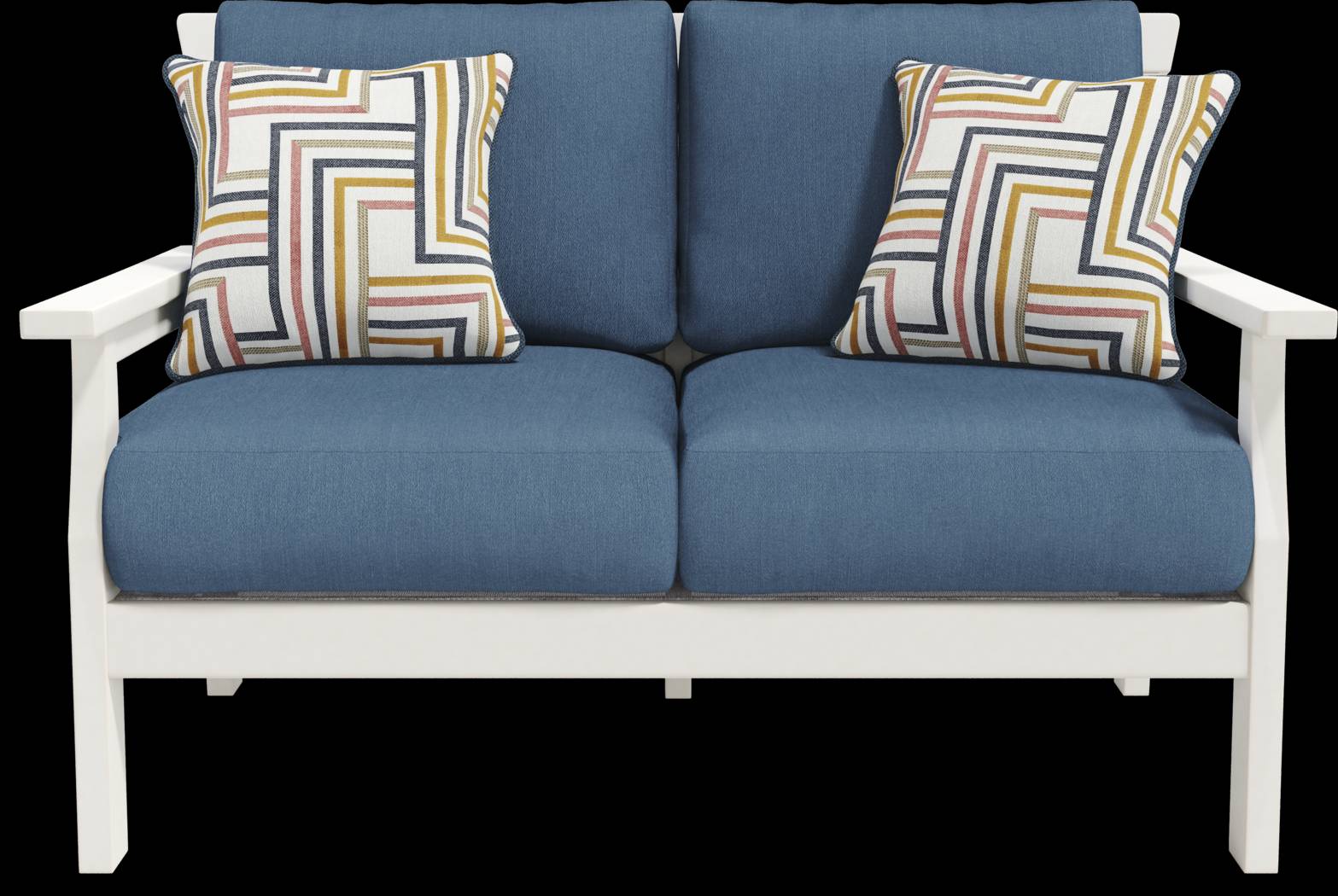 Eastlake White Outdoor Loveseat with Ocean Cushions - Thumbnail - Image 1