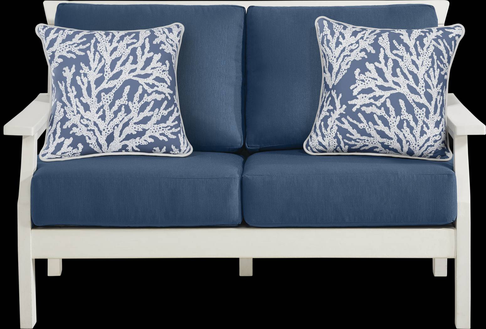 Eastlake White Outdoor Loveseat with Ocean Cushions - Thumbnail - Image 1