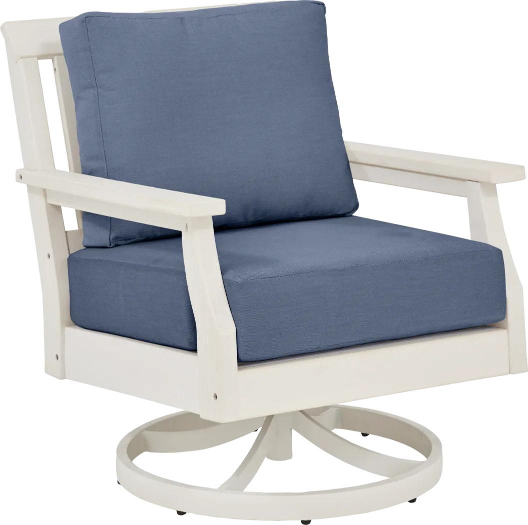 Eastlake White Outdoor Swivel Rocker Chair with Blueberry Cushions - Thumbnail - Image 1